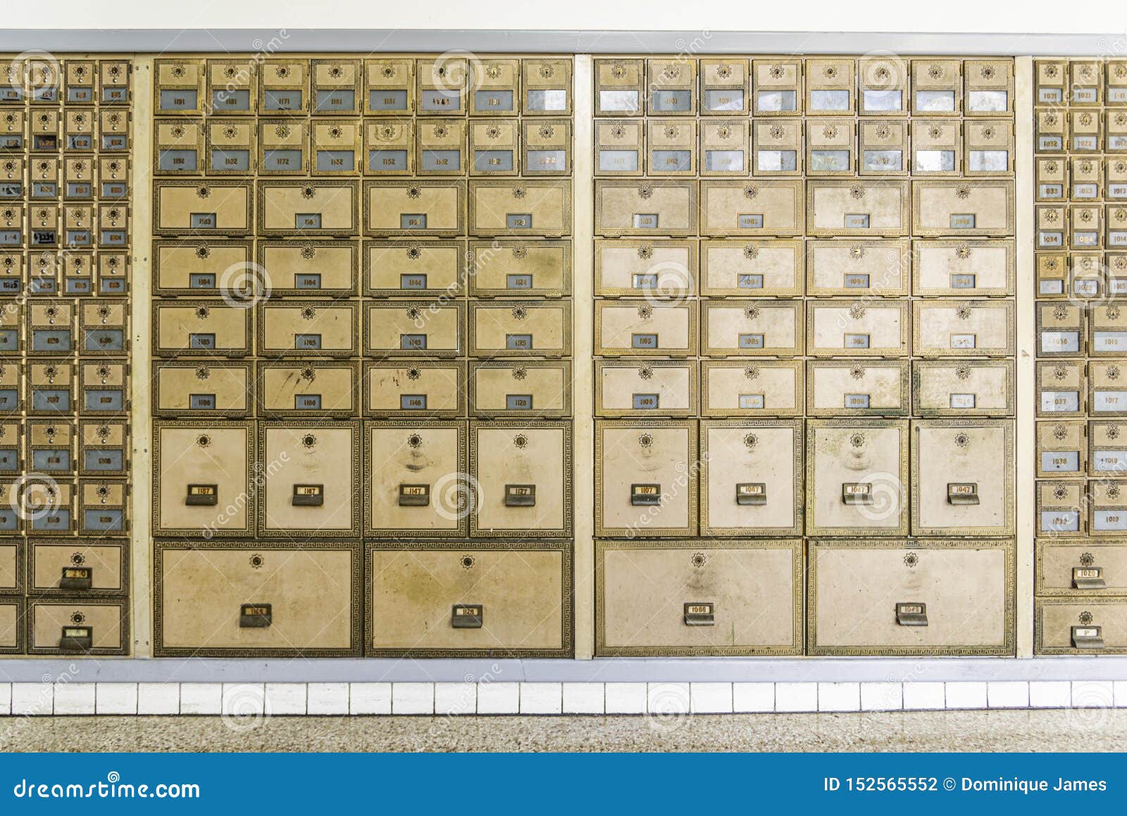 MidCentury Design Brass Post Office Mailboxes Stock Photo Image of
