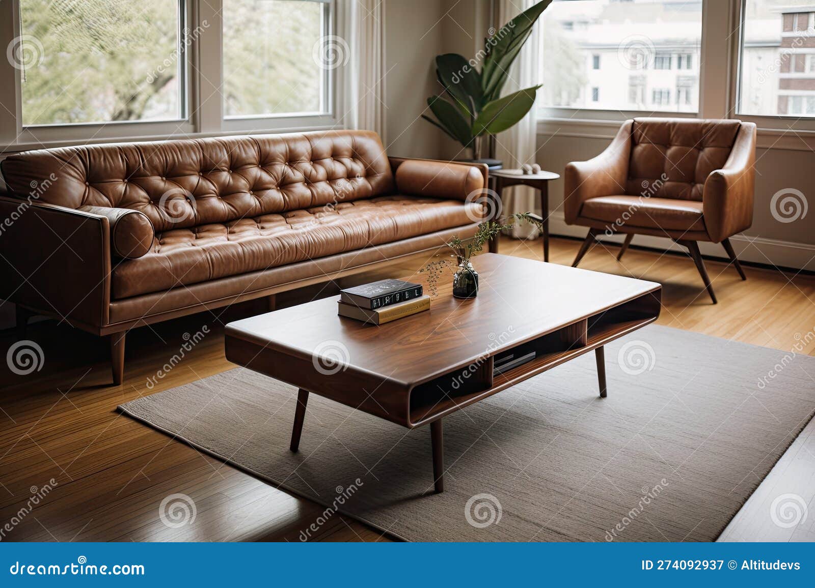 Midcentury Leather Sofa and Coffee Table in Living Room Stock