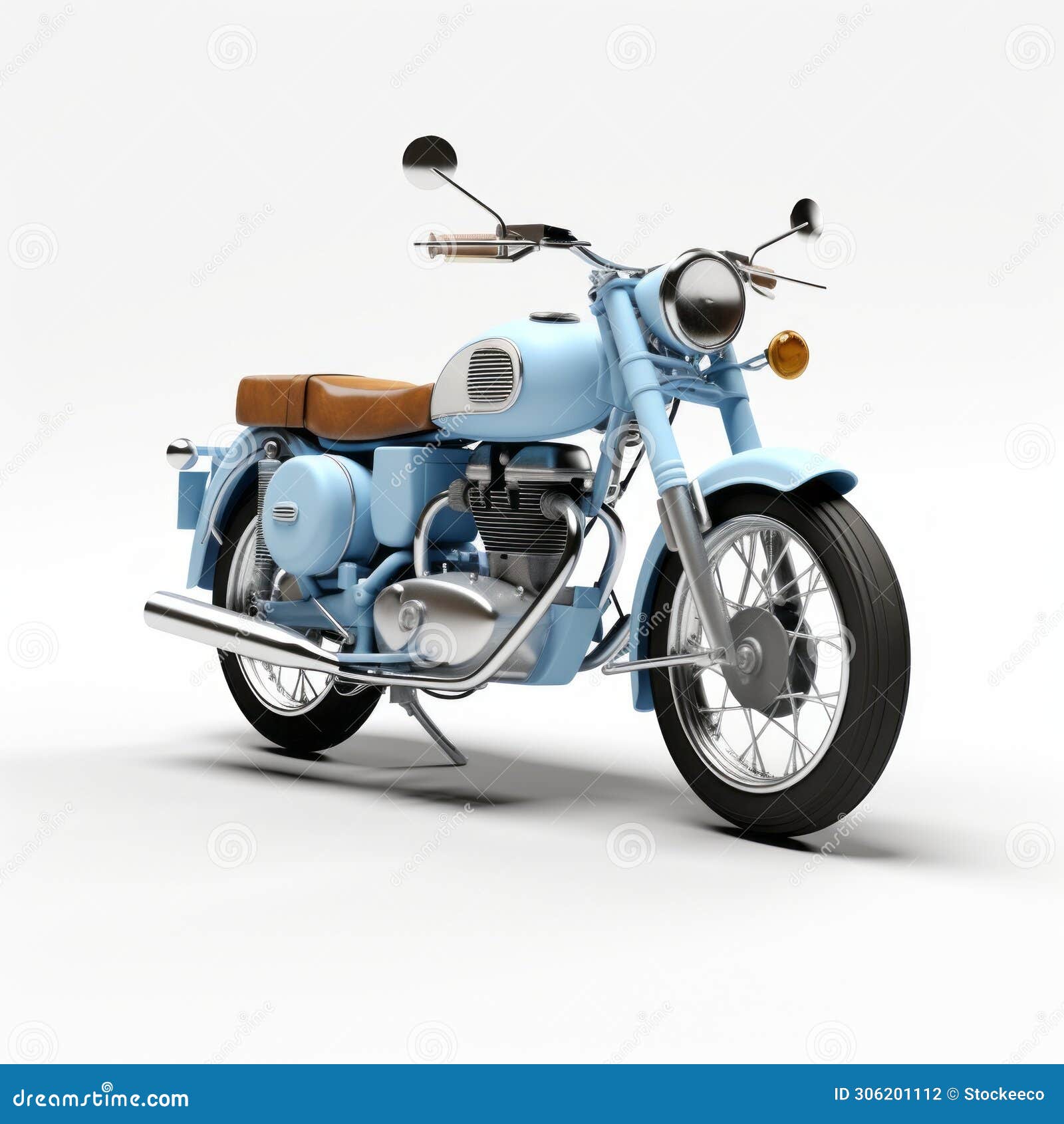 mid-century modern blue motorcycle on white background