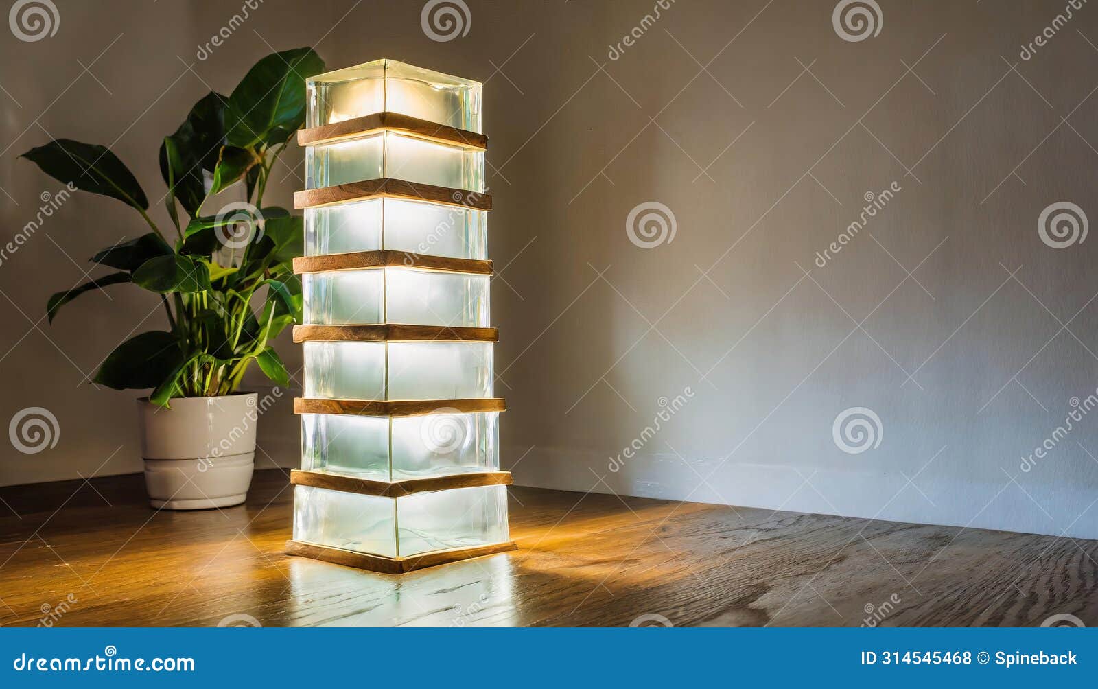 mid century style lucite glass stacked block floor lamp on wooden floor with potted plant in background corner, collectable light
