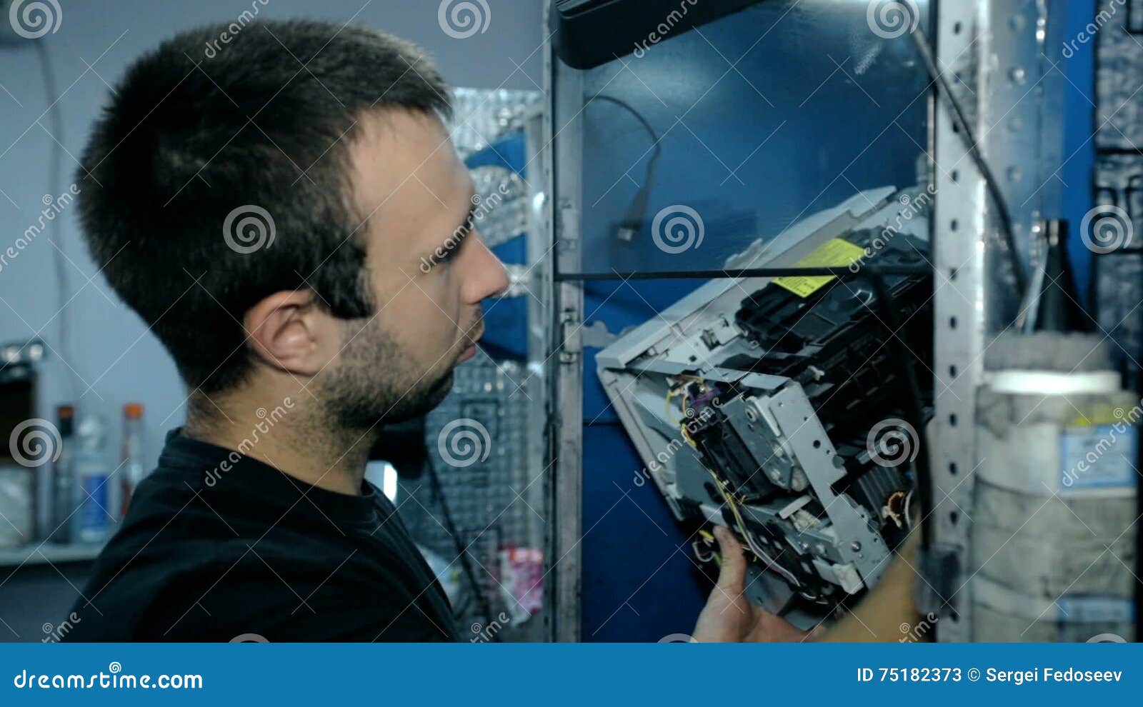 Mid Shot Worker Clean Electronics with Compressed Air Stock Video