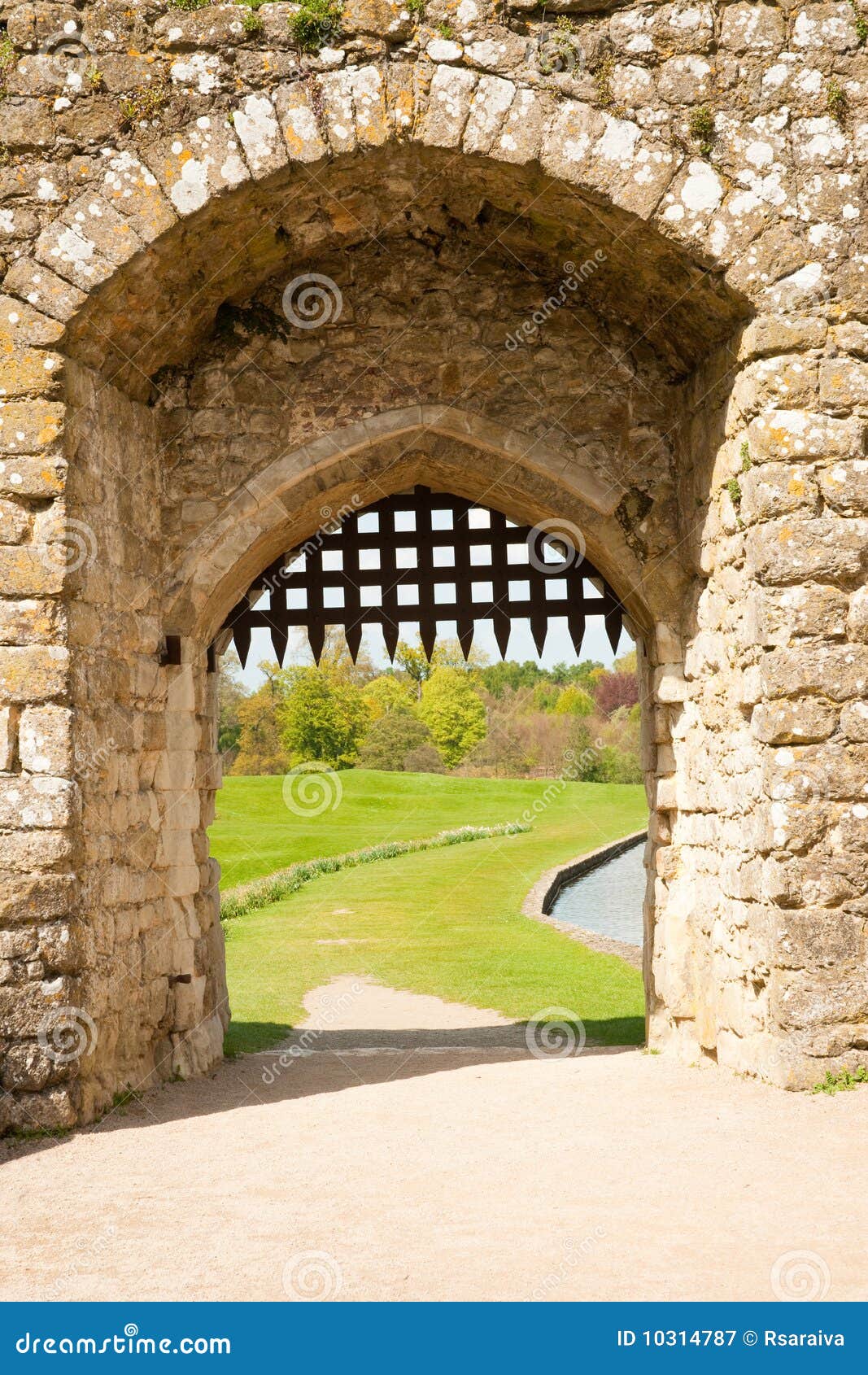 Detail van de middeleeuwse poort van het steenkasteel, met gras en stofje op de achtergrond