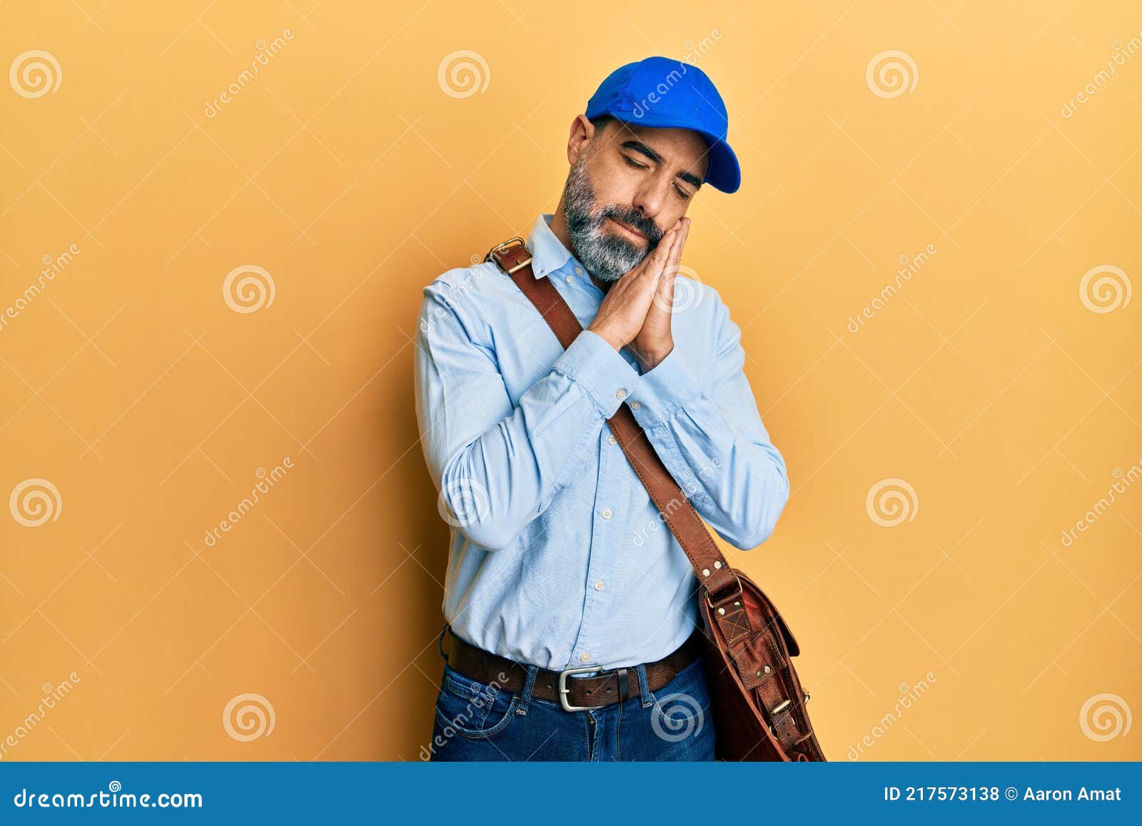Middle Age Man with Beard and Grey Hair Wearing Delivery Courier Cap  Sleeping Tired Dreaming and Posing with Hands Together while Stock Photo -  Image of grey, happy: 217573138