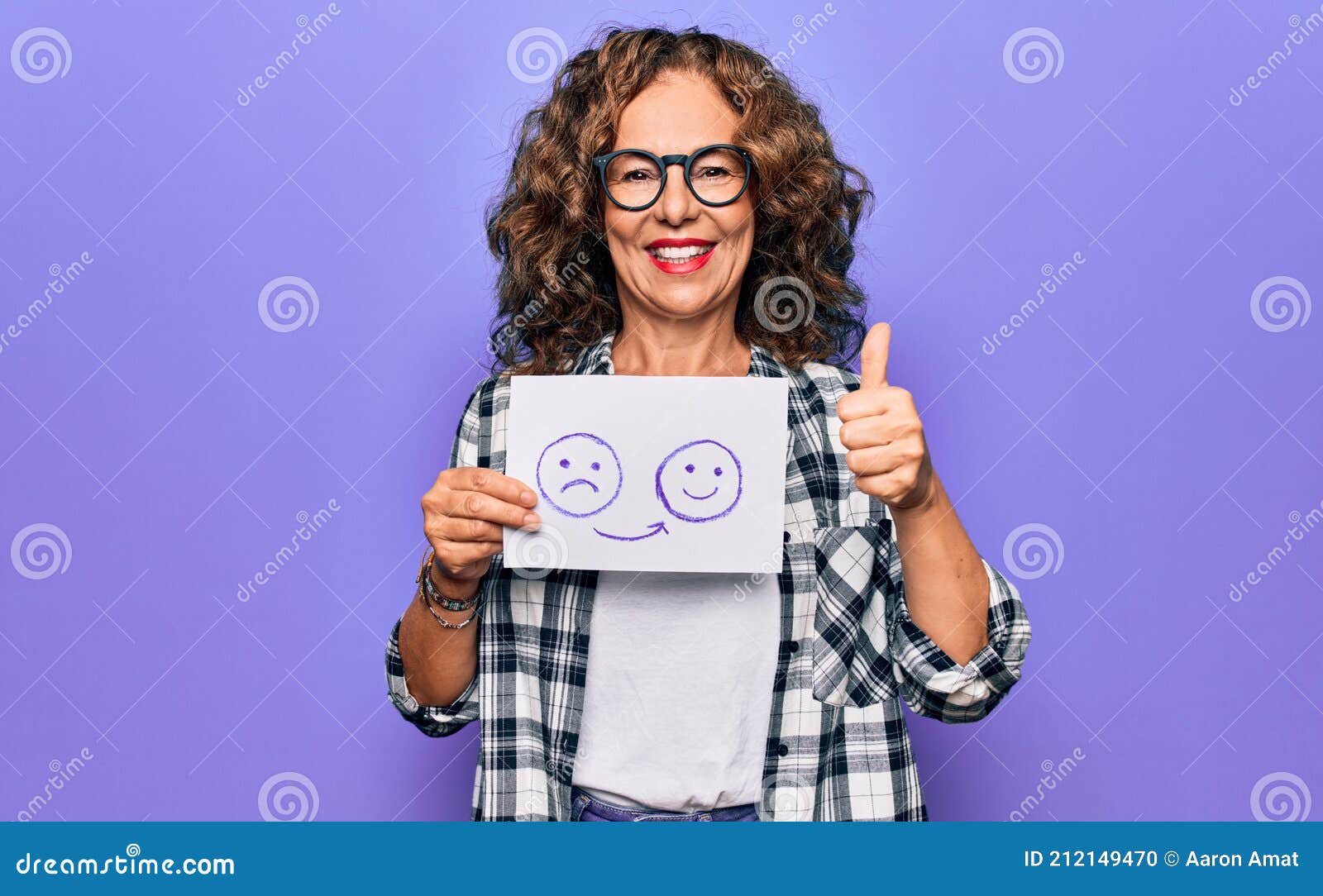 Middle Age Woman Asking For Emotion Change Holding Paper With Unhappy To Happy Face Emoji Smiling Happy And Positive Thumb Up Stock Photo Image Of Woman Success
