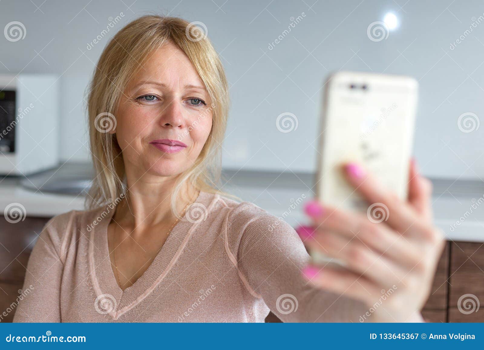 Middle Age Woman Taking A Selfie At Home Stock Image Image Of Home 