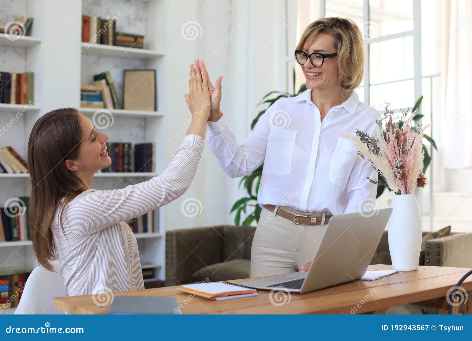 middle aged businesswoman giving high five to her young female collegue
