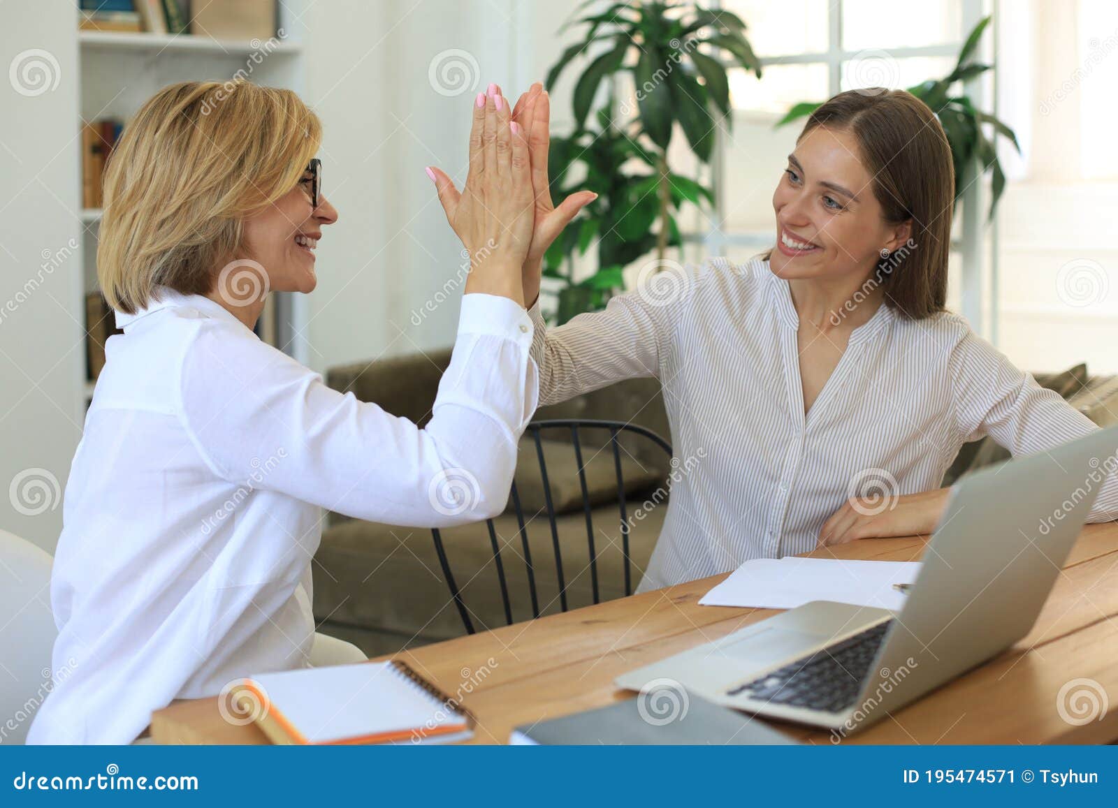 middle aged businesswoman giving high five to her young female collegue