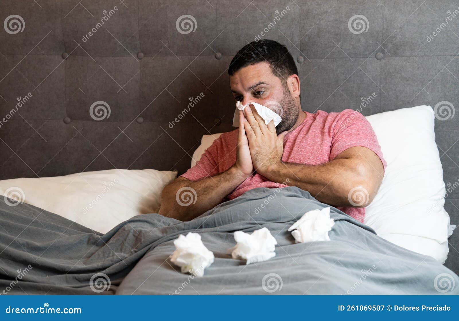Middleaged Man in Bed Sick with Flu Symptoms Stock Image Image of