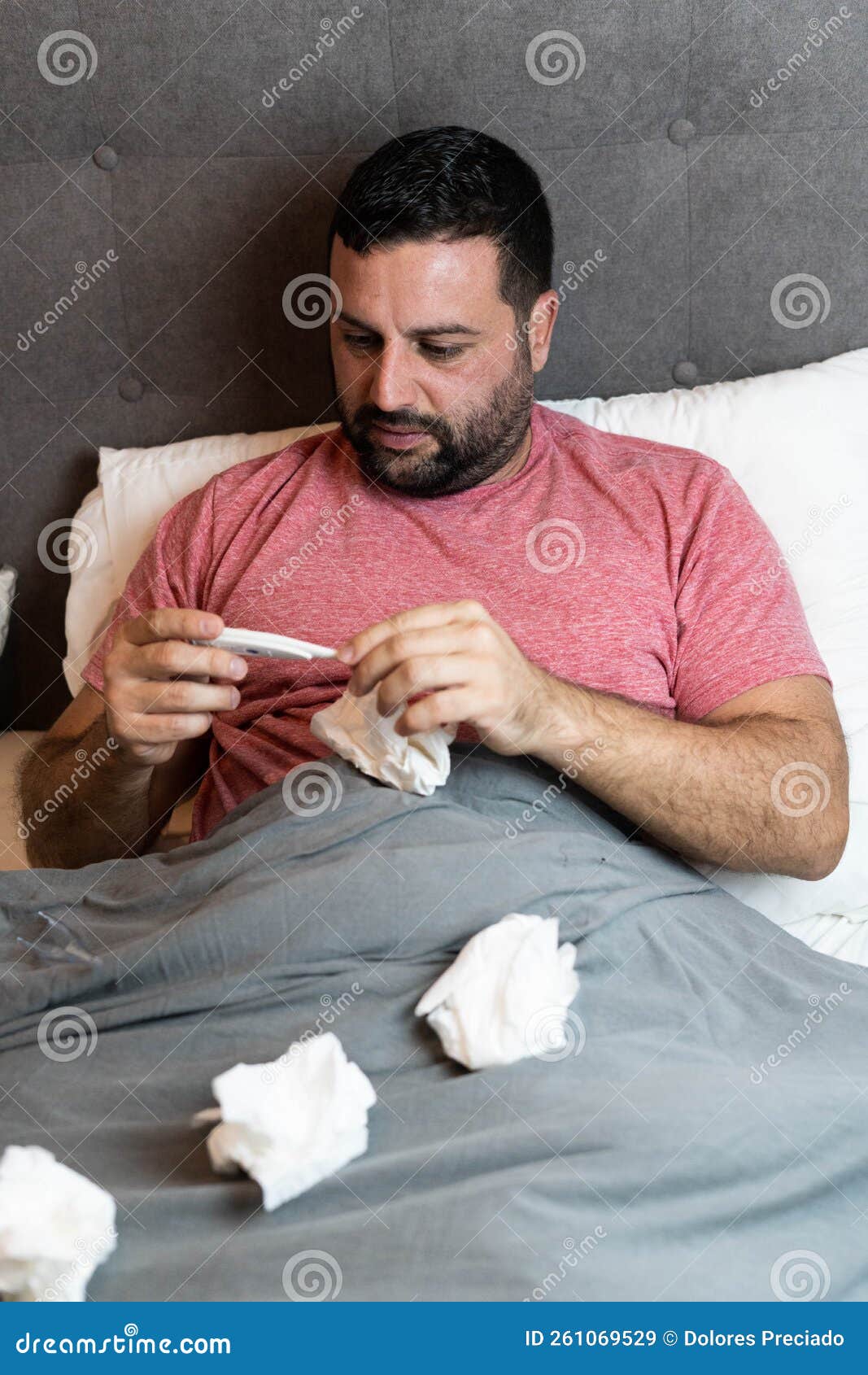 Middleaged Man in Bed Sick with Flu Symptoms Stock Image Image of