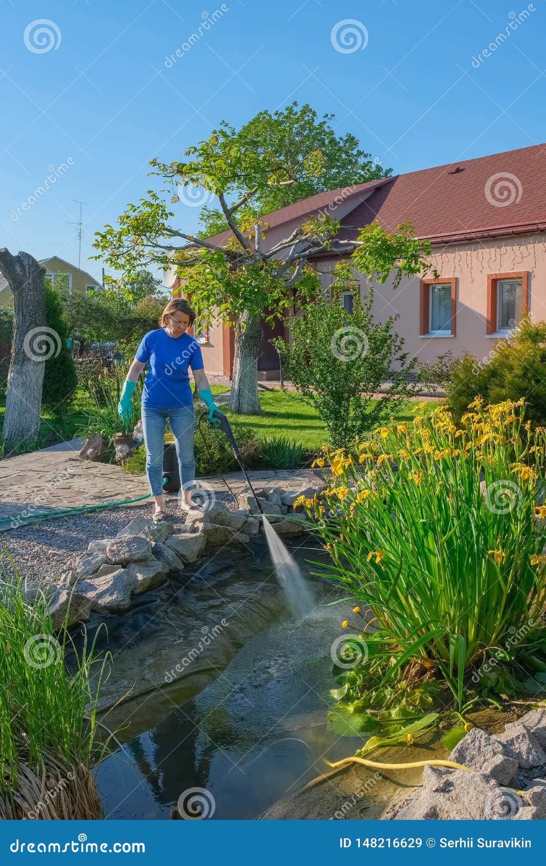 Middle Aged White Woman Cleans A Garden Pond With High Pressure