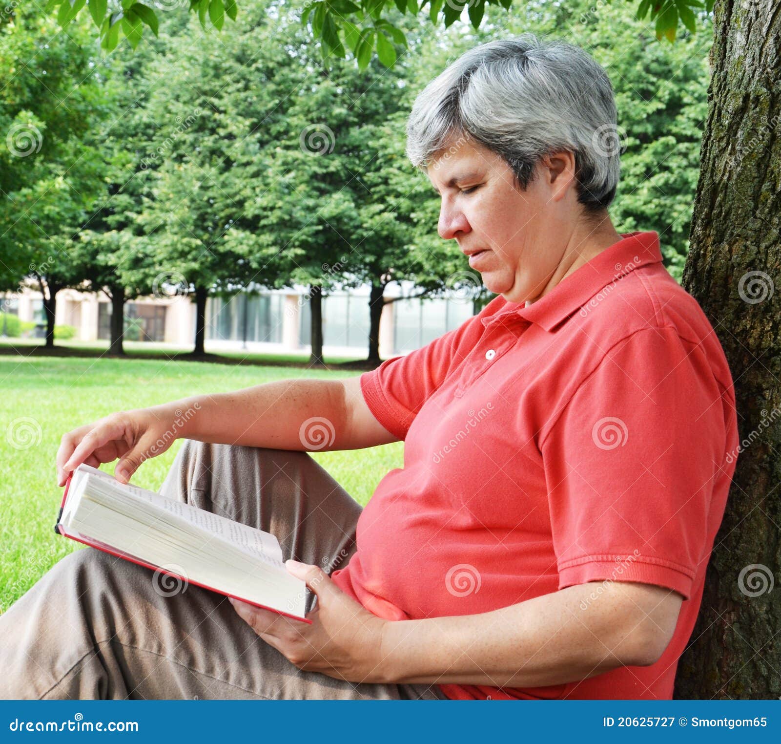 Middle Aged Woman Reading Book By Tree Stock Image Image