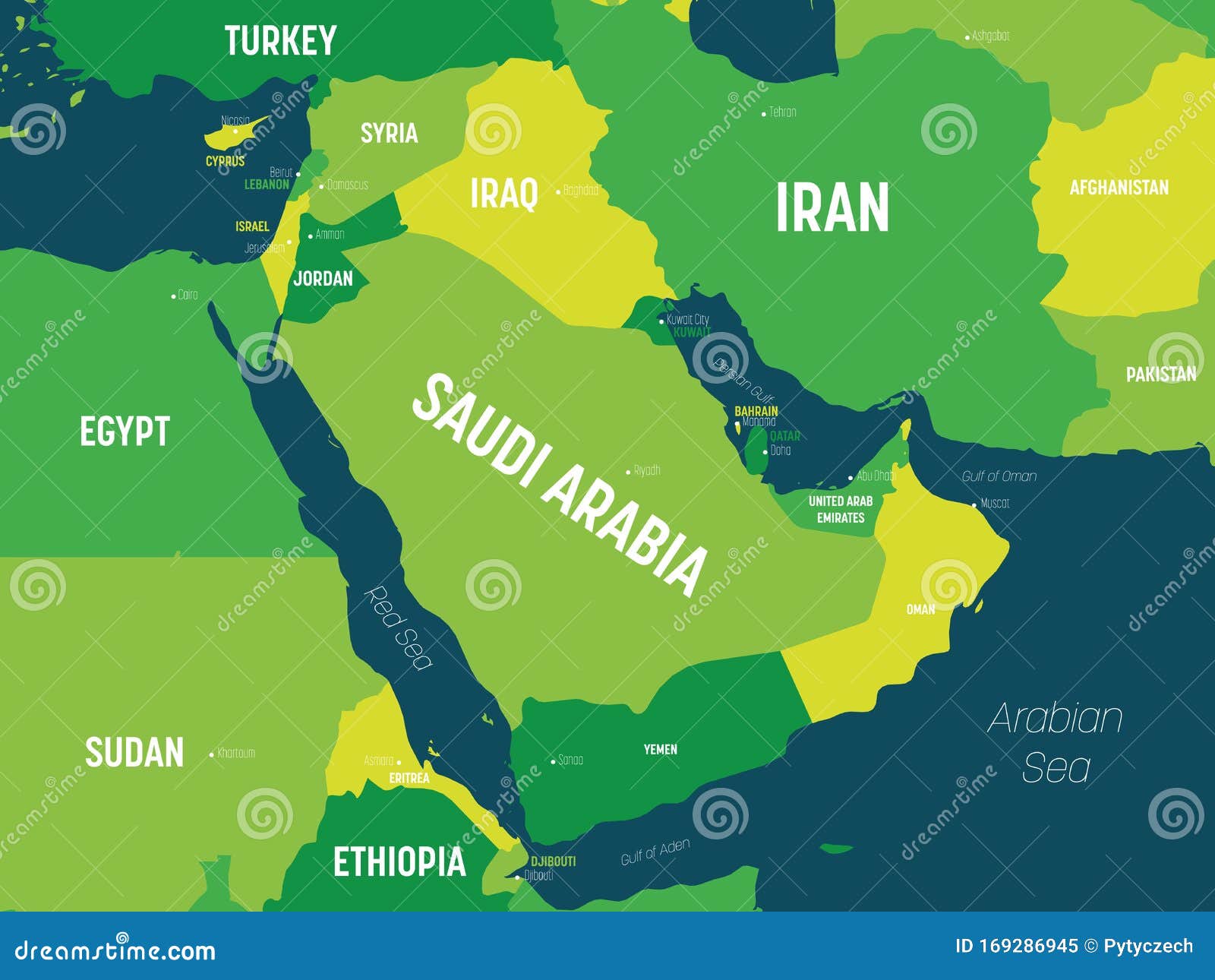 Middle East Map Green Hue Colored On Dark Background High