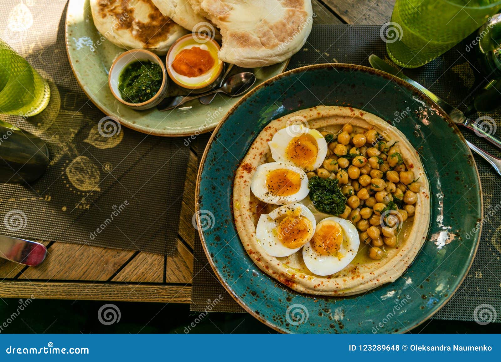 Middle Eastern Stile Breakfast Hummus with Eggs, Pitas and Dips Stock Photo Image of healthy