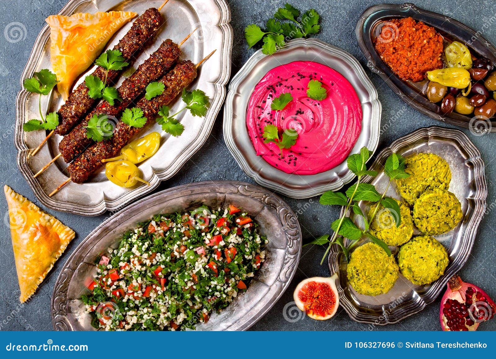 middle eastern traditional dinner. authentic arab cuisine. meze party food. top view, flat lay, overhead.