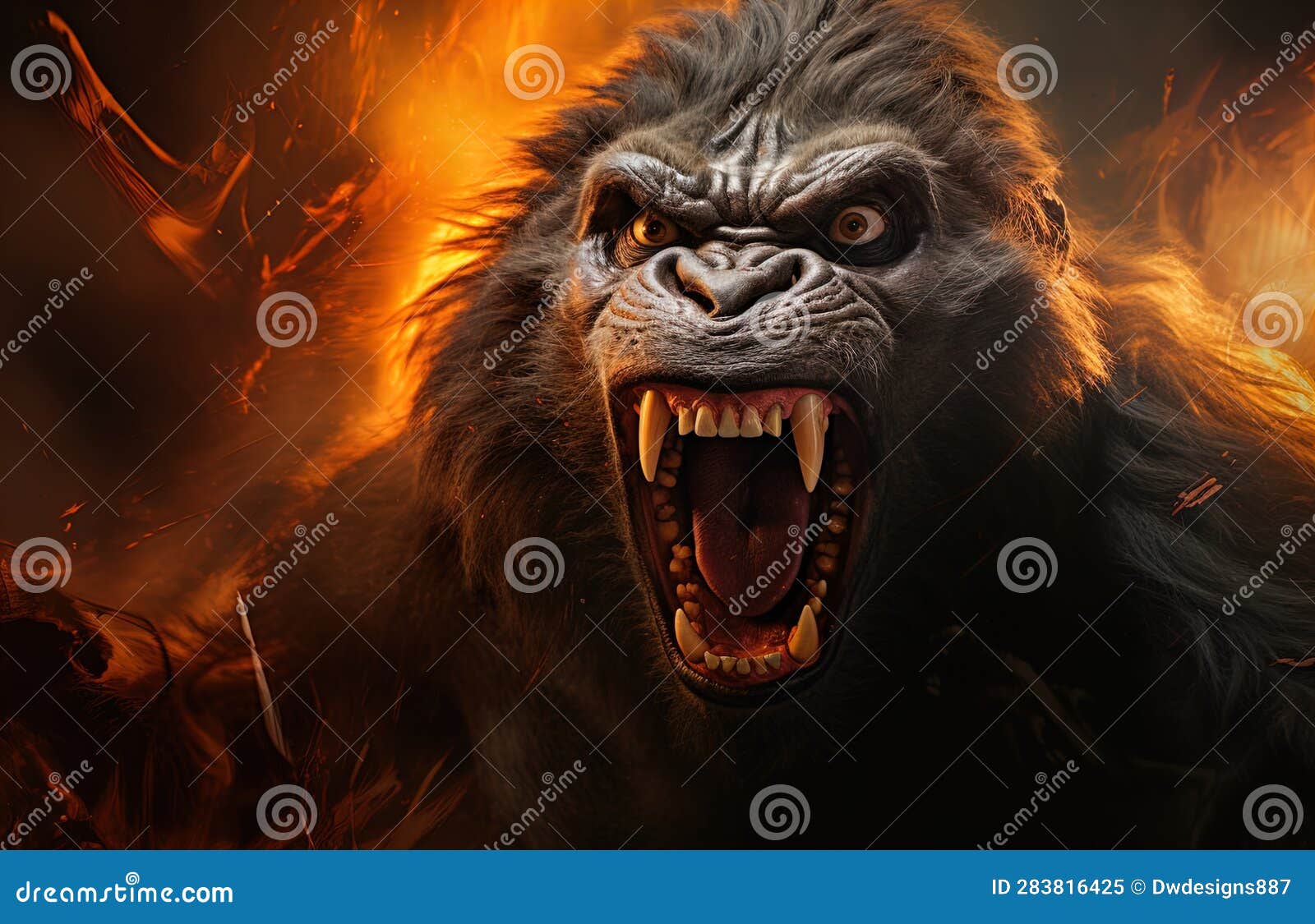 A Mighty Gorilla Roars and Shows His Fangs. Stock Illustration ...