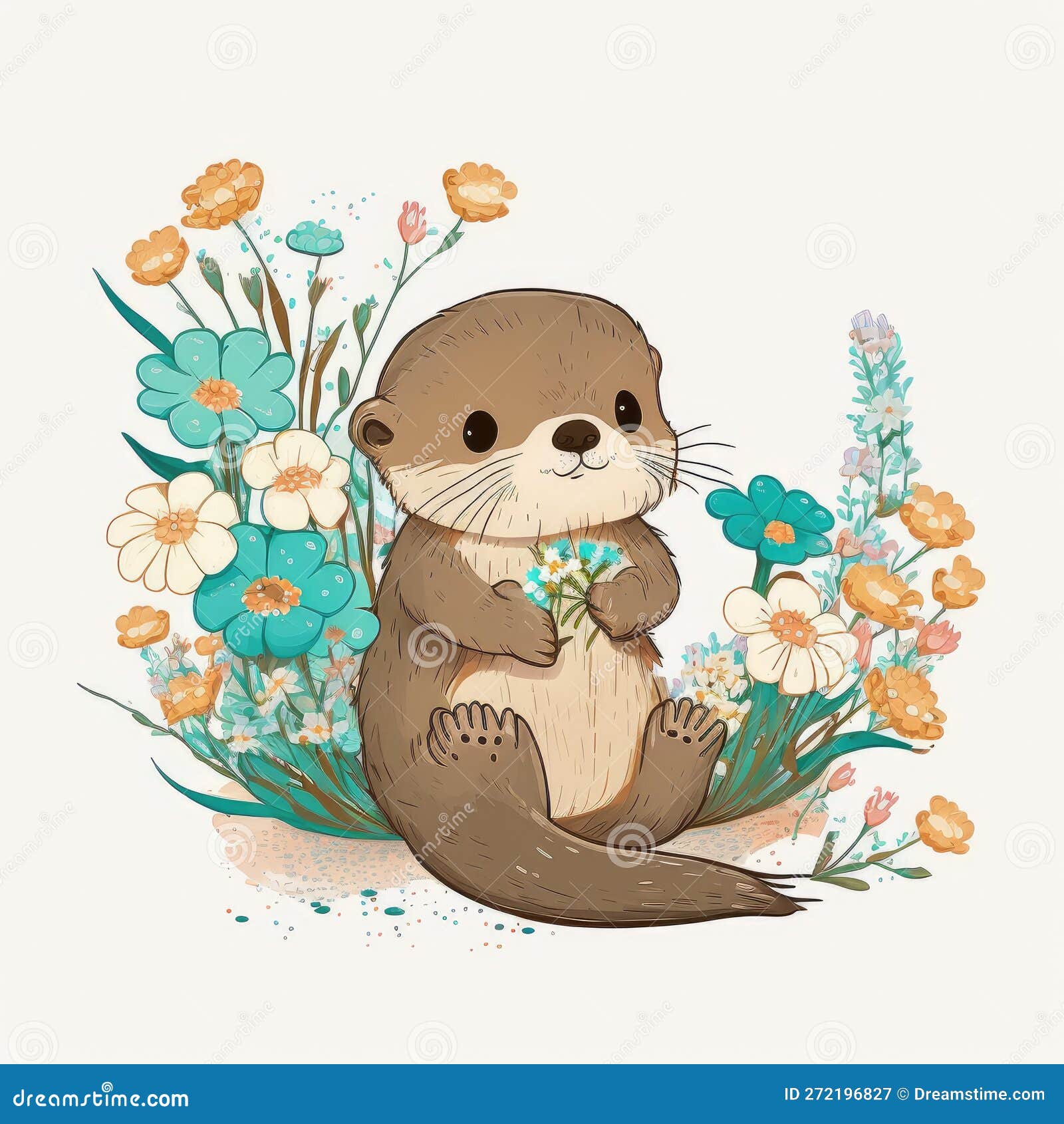 Image mignonne d'un bébé loutre dans une flaque d'eau avec des feuilles  d'automne derrière photo stock