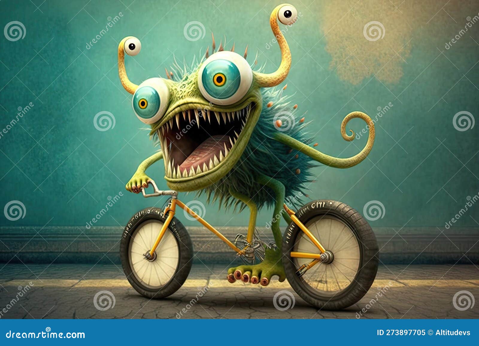 Mignon Monstre à Vélo Avec Ses Bras Longs Et Ses Jambes Enroulés Autour Du  Guidon Image stock - Image du longtemps, conduite: 273897705