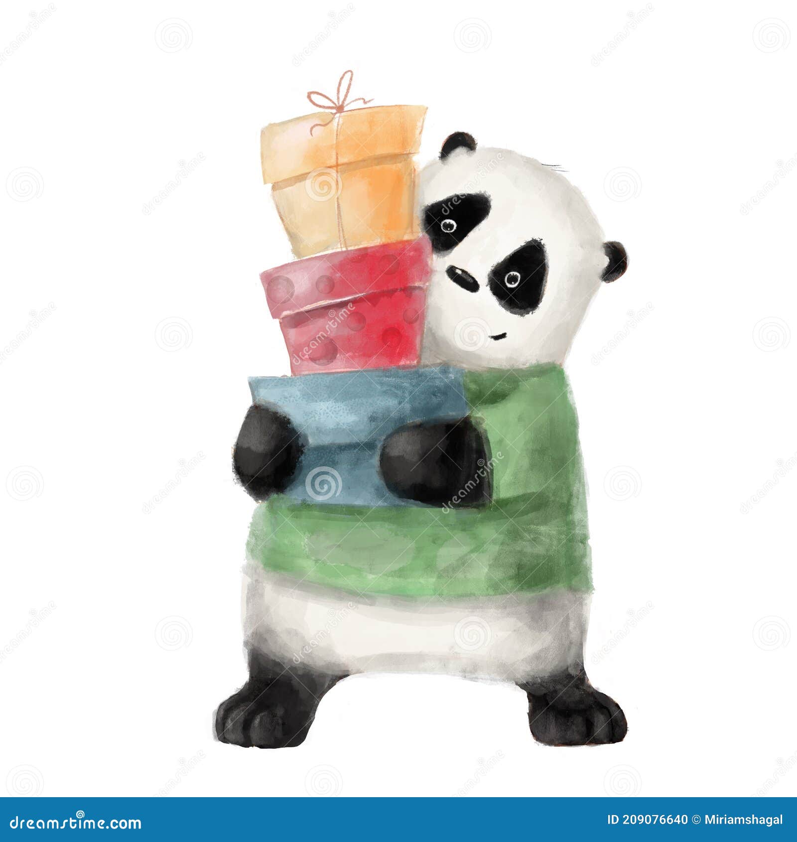 Mignon Petit Panda Avec Des Boîtes Cadeaux Main Dessiné Aquarelle