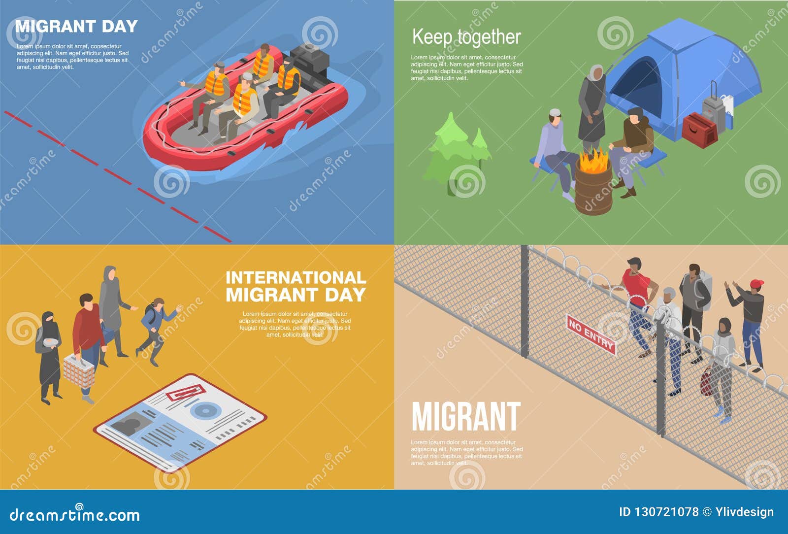 migrant refugee banner set, isometric style