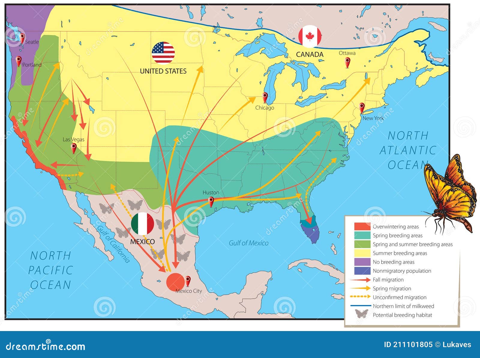 migration map - monarch butterfly