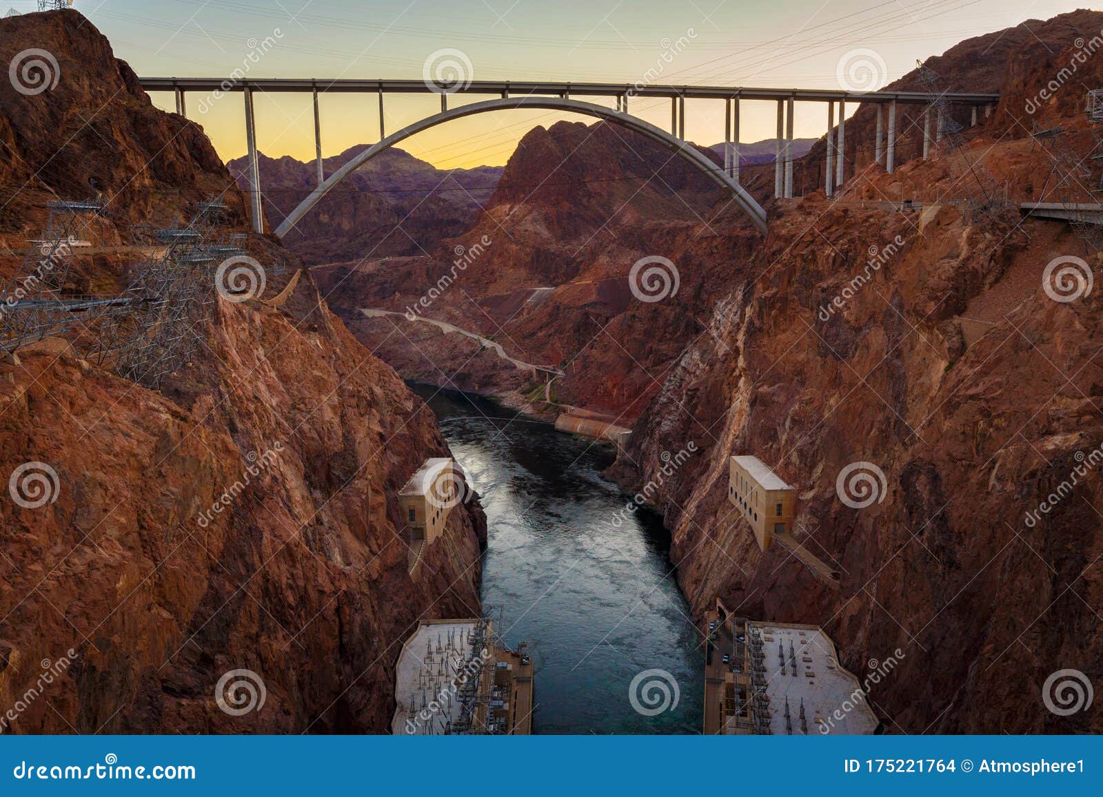 mike o`callaghan - pat tillman memorial bridge during sunset from the hoover dam water reservoir with wonderful rock