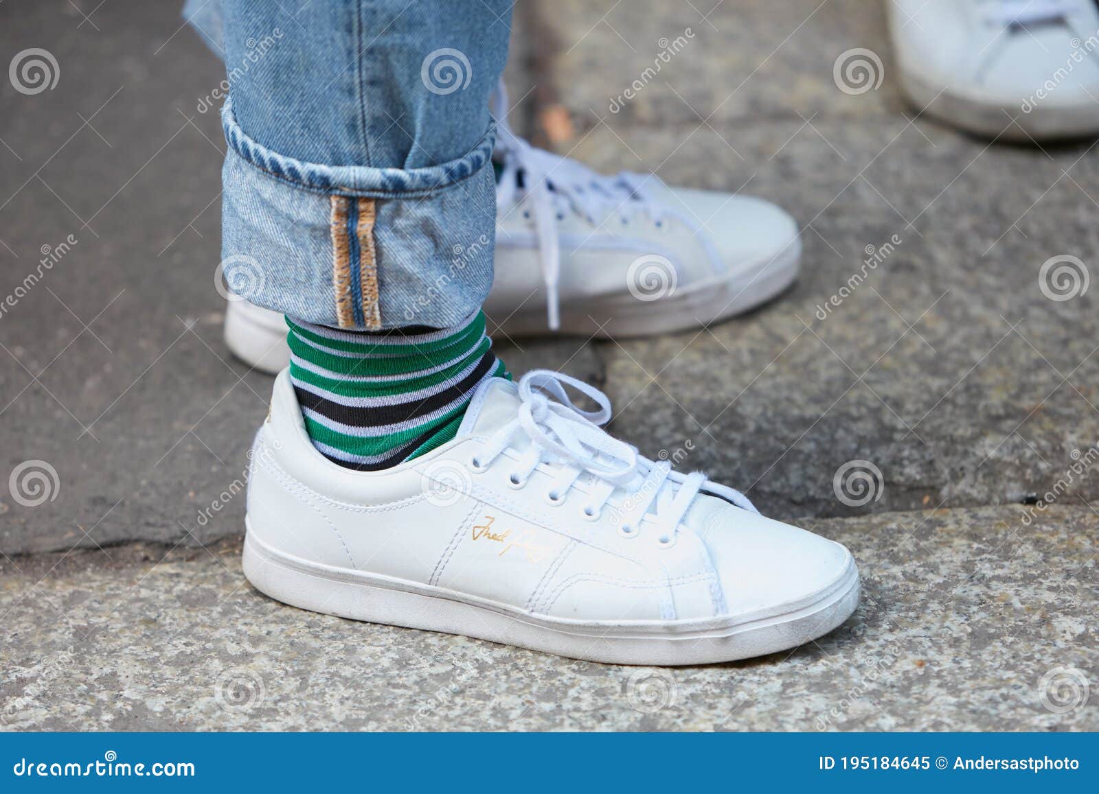 Man with Fred Perry White Shoes and Striped Socks before Blumarine Fashion Show, Milan Fashion Week Street Editorial - Image of fred, accessory: