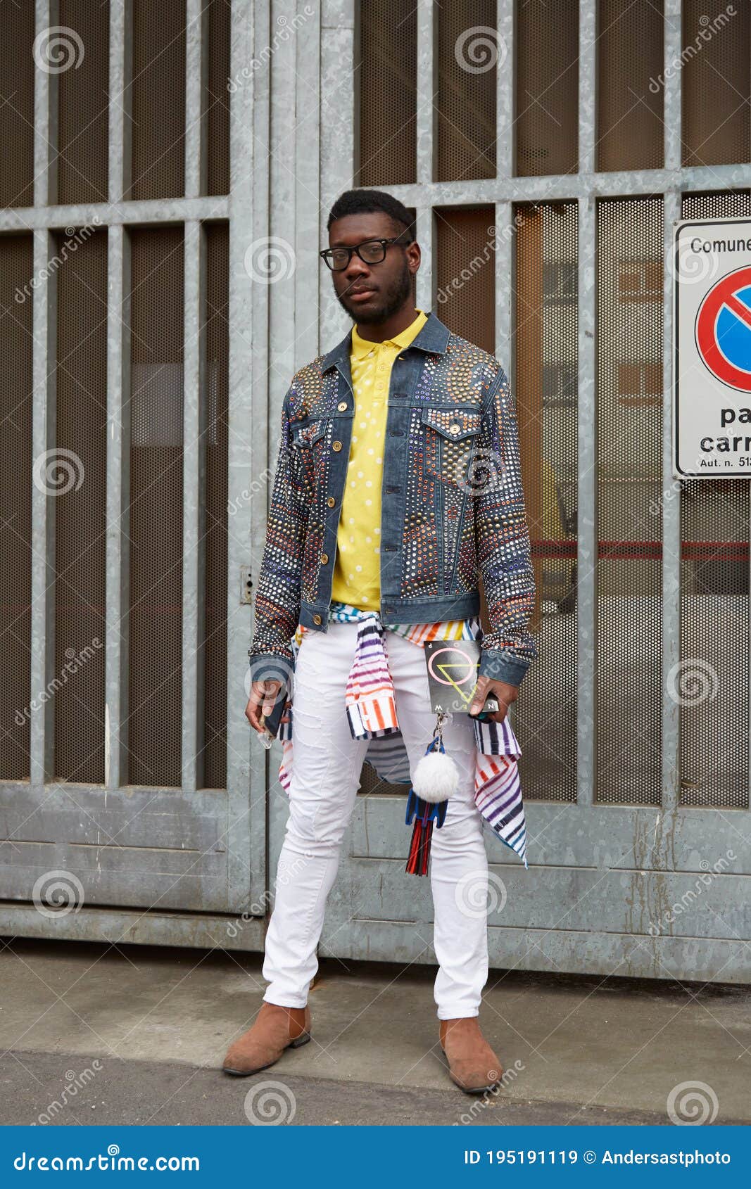 Man Poses for Photographers with Colorful Jeans Decorated Jacket before  Emporio Armani Fashion Show, Milan Editorial Stock Image - Image of  elegant, accessory: 195191119