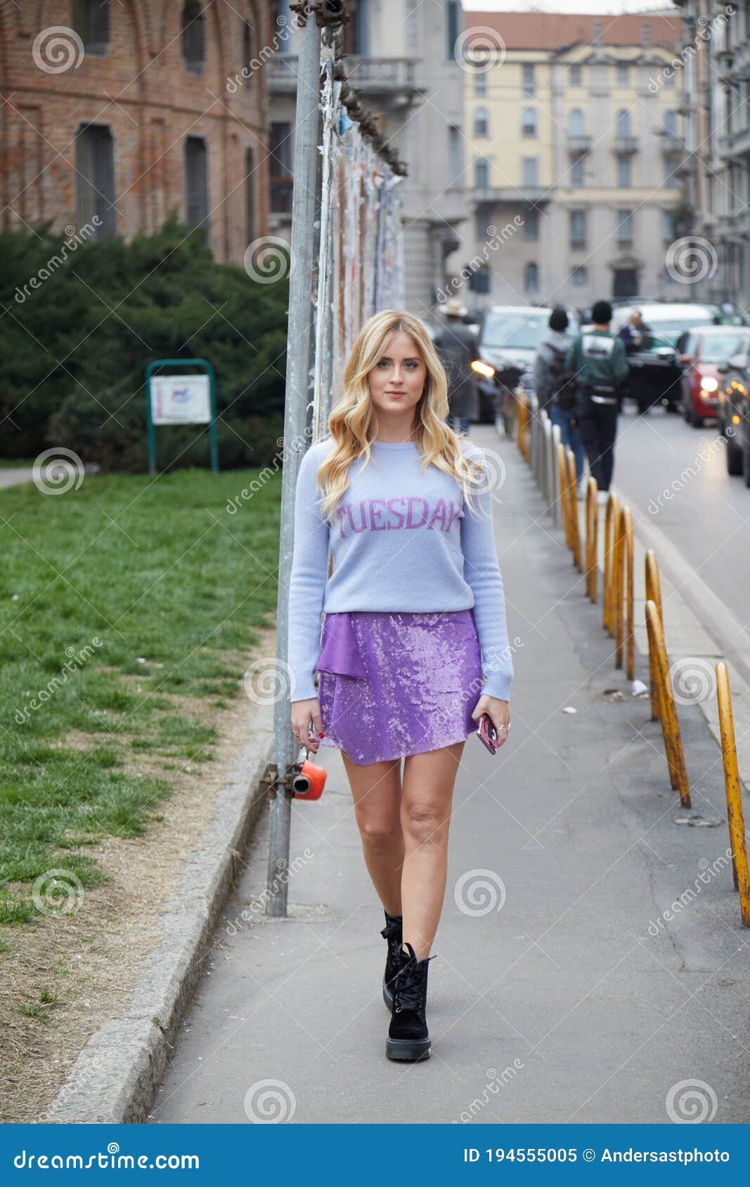 Valentina Ferragni with Purple Velvet Skirt and Sweater Tuesday Writing before Alberta Ferretti Fashion Editorial Image - Image smile, ferretti: 194555005