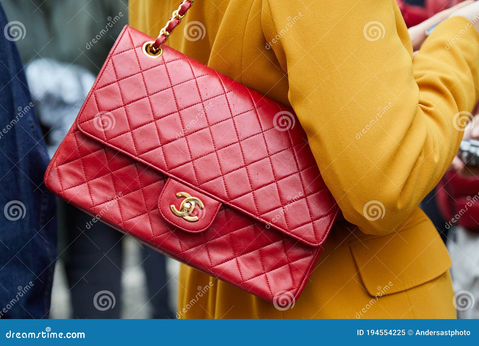 Woman with Red Chanel Leather Bag and Yellow Jacket before Max Mara Fashion  Show, Milan Fashion Week Street Editorial Image - Image of show, golden:  194554225