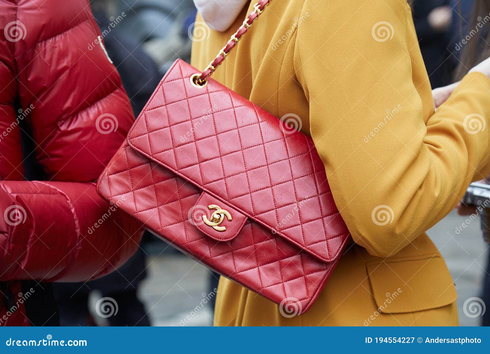 Woman with Red Chanel Leather Bag and Yellow Jacket before Max