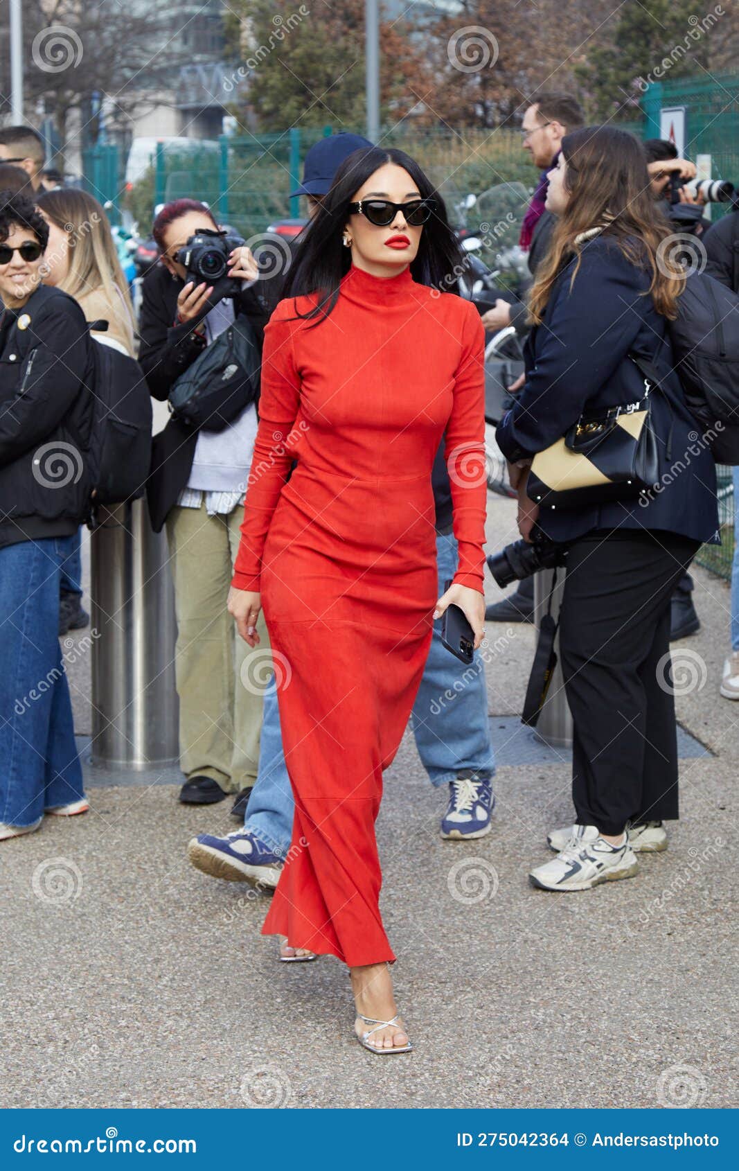 MILAN, ITALY - FEBRUARY 25, 2023: Amina Muaddi before Ferragamo Fashion ...