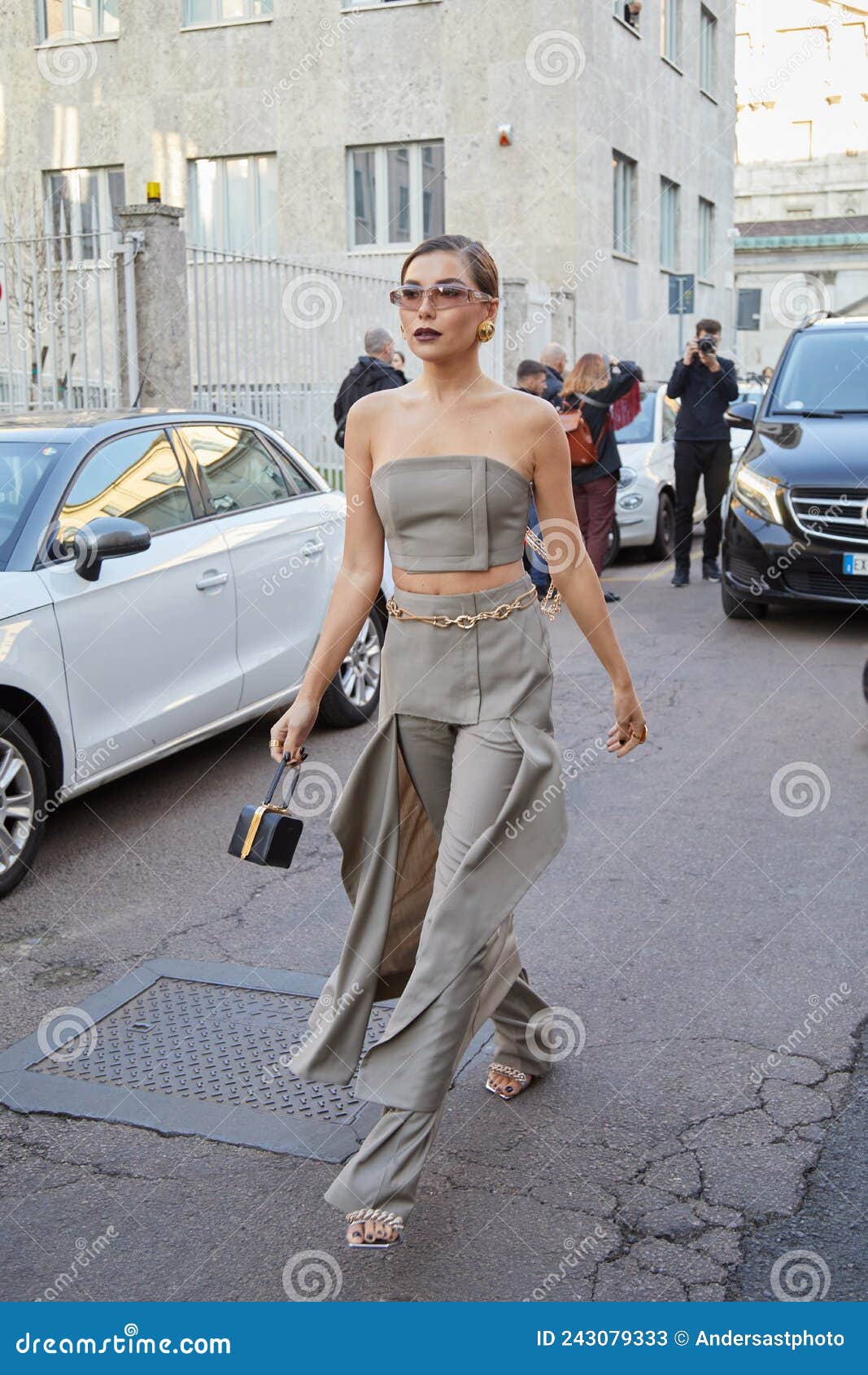 Karina Nigay with Grey Trousers and Top before Alberta Ferretti Fashion ...