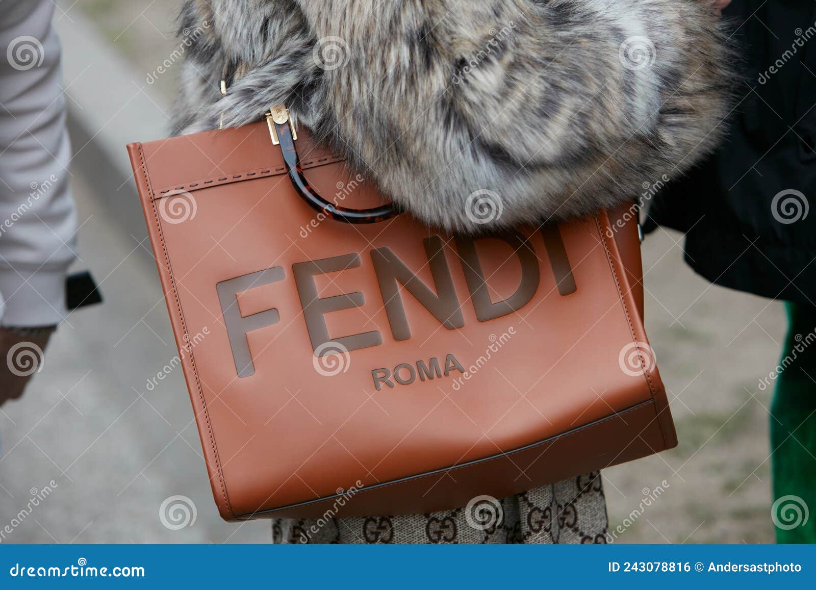 Woman with Brown Leather Fendi Bag and Fur Coat before Emporio