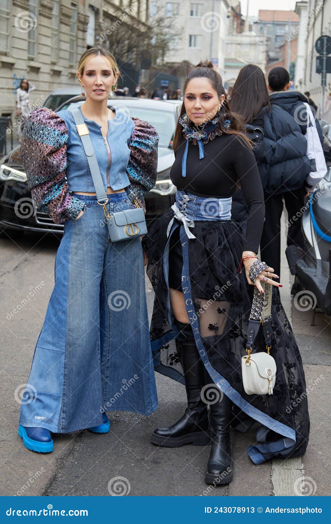 Women with Blue Denim Trousers and Black Balenciaga Dress before Genny ...