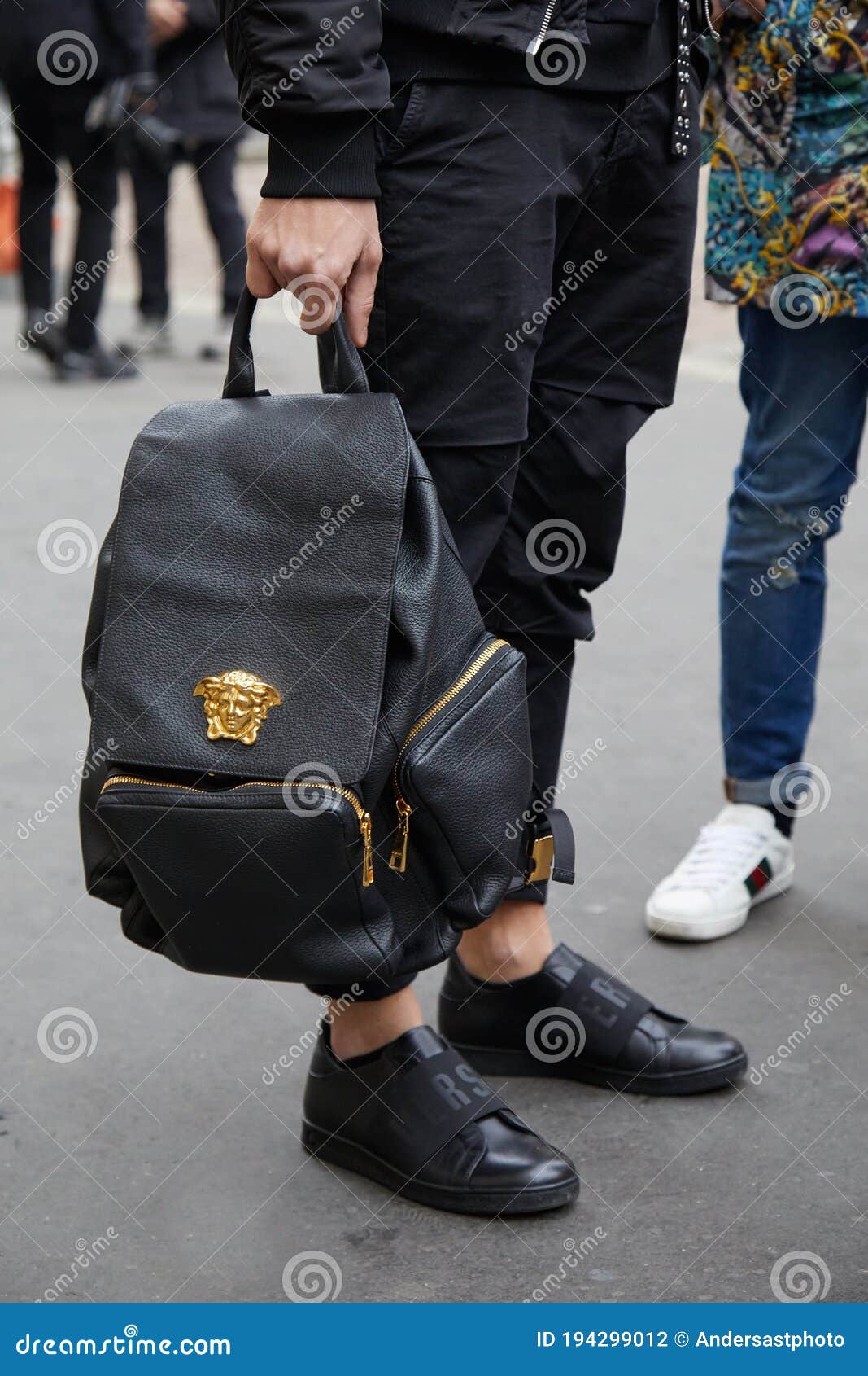 Man with Black Leather Versace Backpack before Frankie Morello Fashion  Show, Milan Fashion Week Editorial Photography - Image of accessory, milan:  194299012