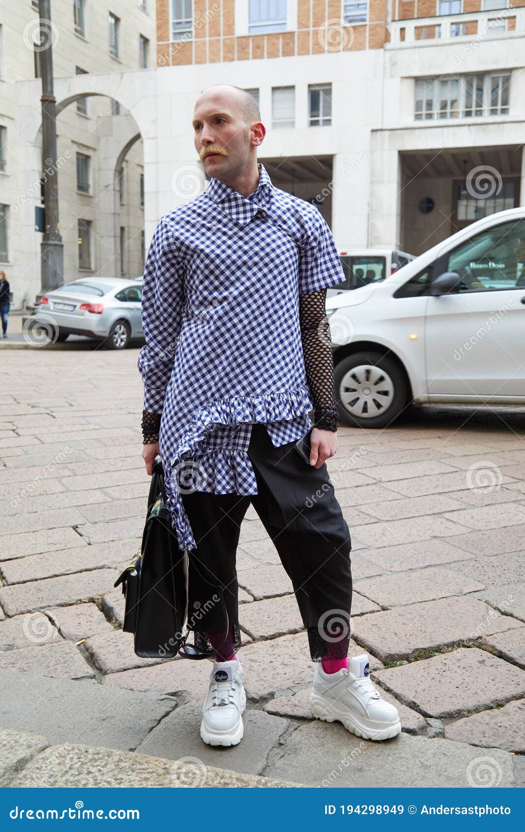 Man Checkered Long Shirt and White Shoes before Frankie Morello Fashion Show, Milan Editorial Image - Image of shoes, outdoor: 194298949
