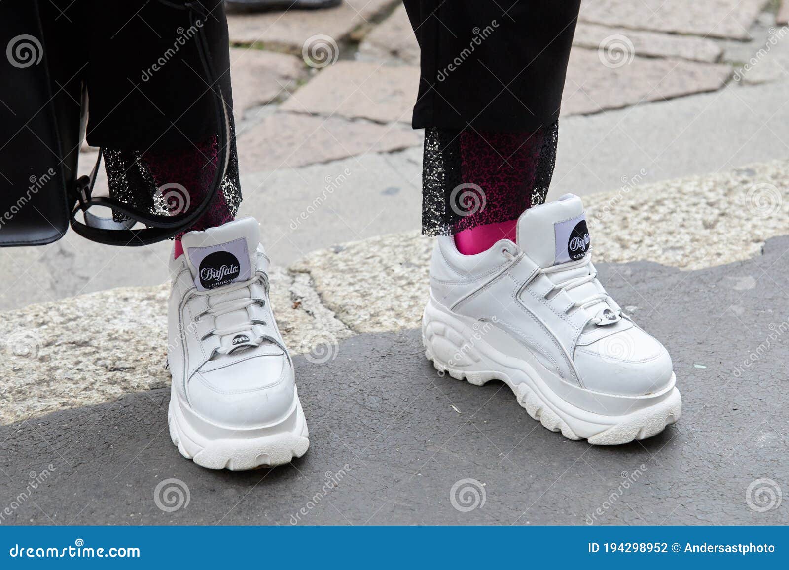 pensum guide nikotin Man with White Buffalo Shoes and Pink Socks before Frankie Morello Fashion  Show, Milan Fashion Editorial Photography - Image of outdoor, elegant:  194298952