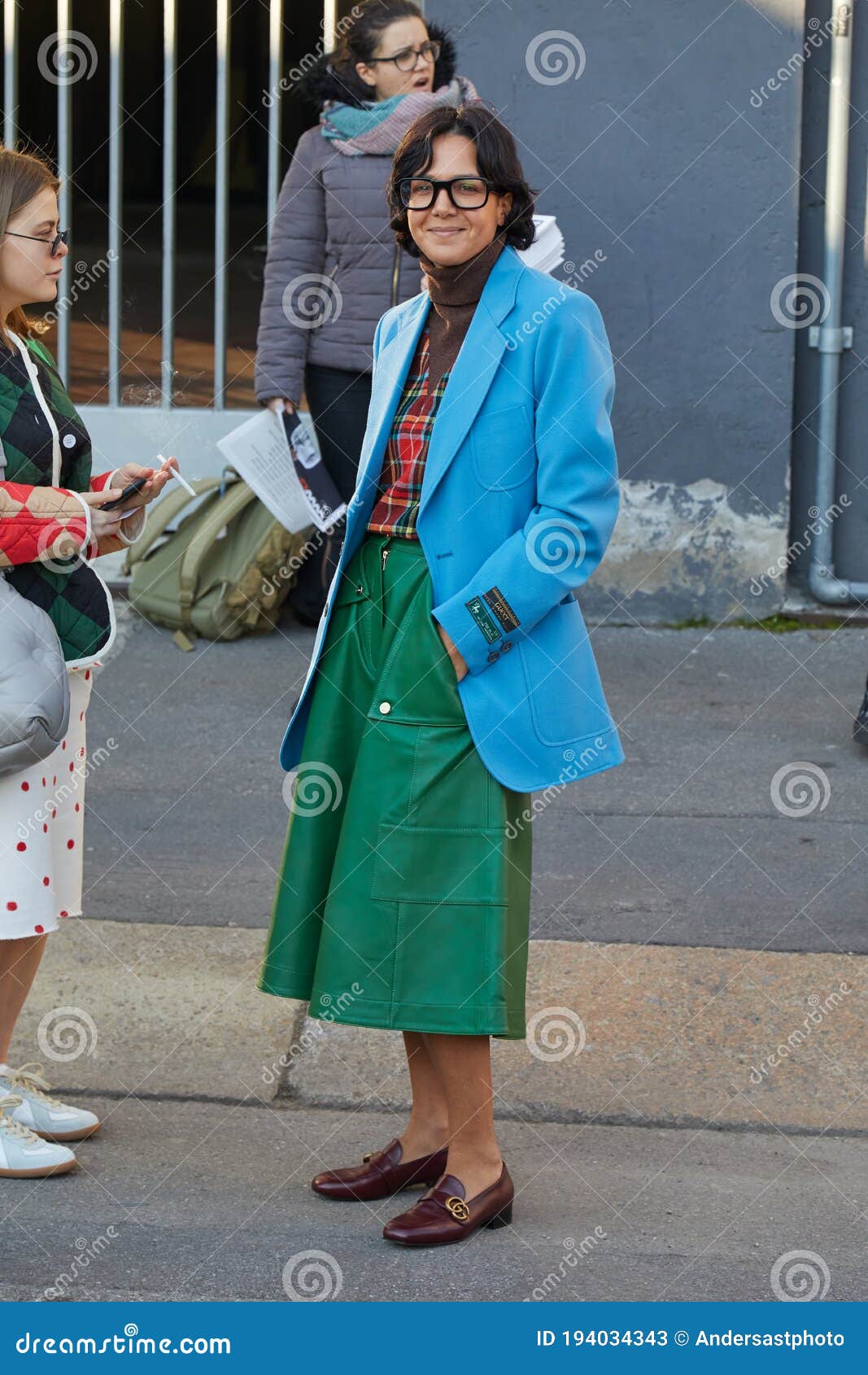 Woman with Blue Gucci Jacket and Green Leather Skirt Marni Fashion Milan Fashion Editorial Stock Photo - Image of editorial, 194034343