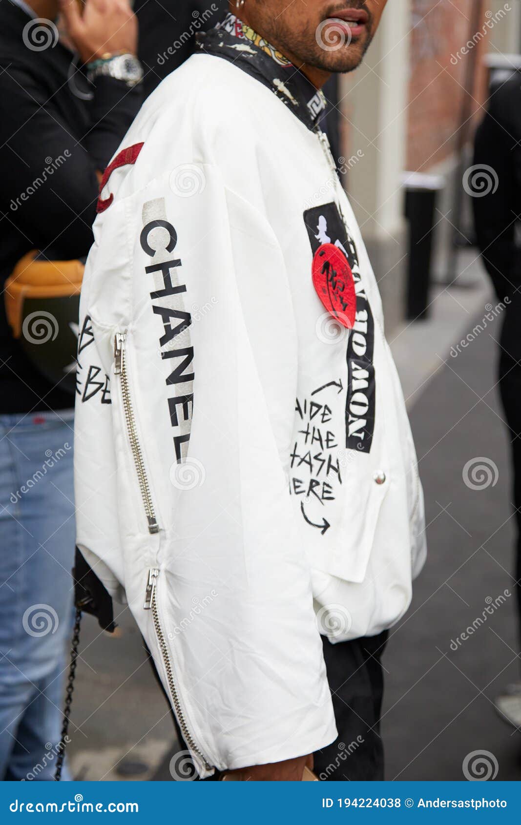Man with White Chanel Bomber Jacket before Fendi Fashion Show, Milan Fashion Week Style Editorial Photo - Image of fashion, outfit: 194224038