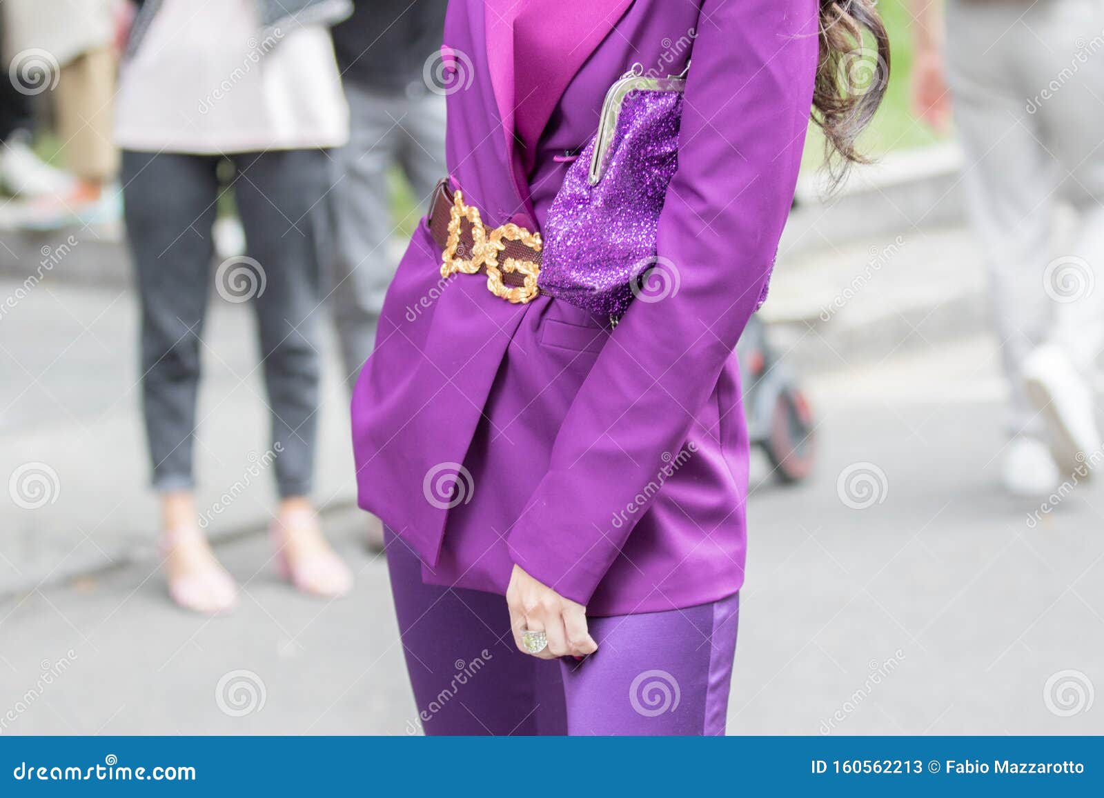 Model Wearing a Dress, Pants and Jacket, Purple, As Well As a Purple ...