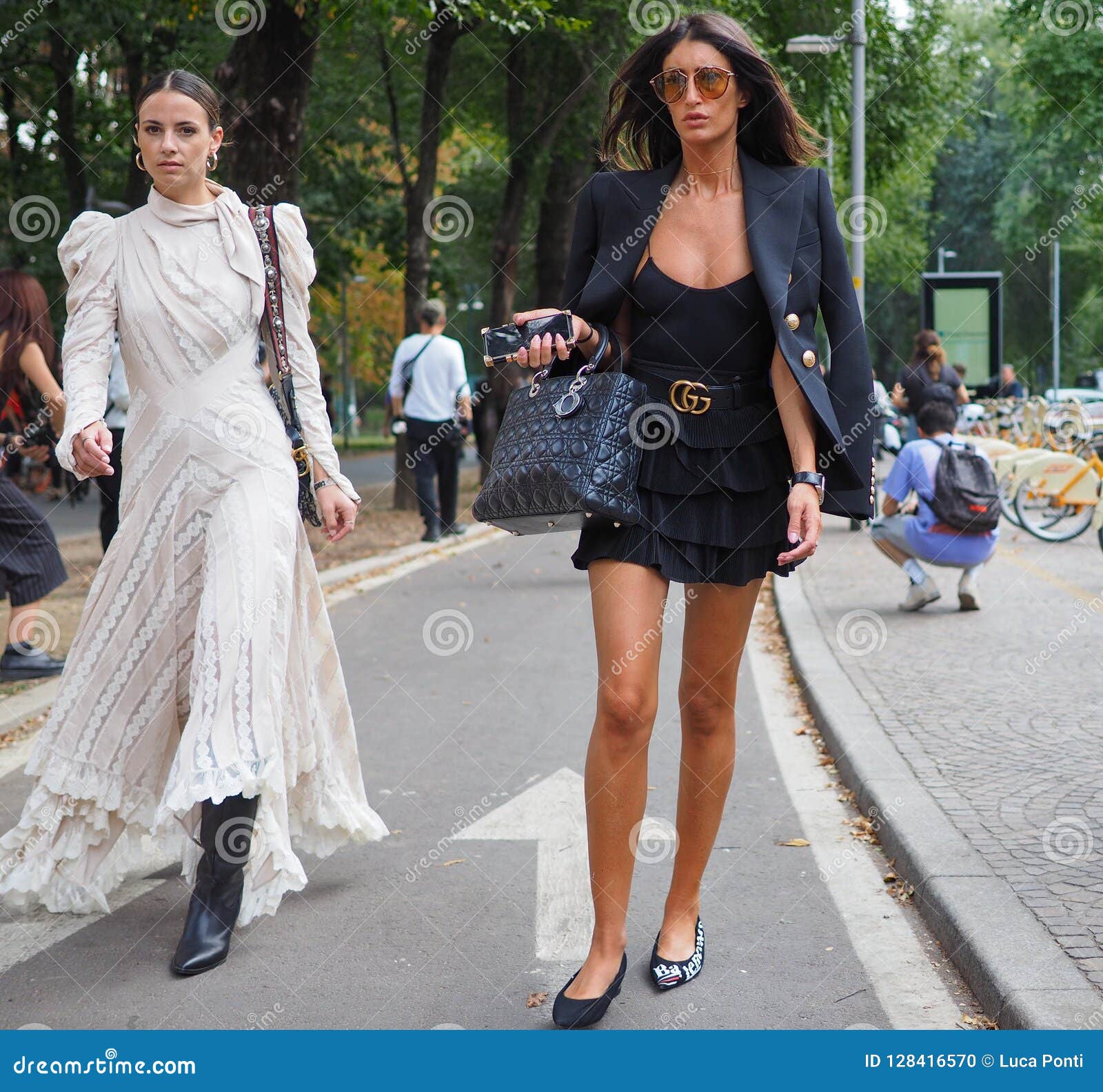 MILAN, Italy: 23 September 2018: Models in Street Style Outfit before  Armani Fashion Show Editorial Image - Image of outfit, lifestyle: 128416570