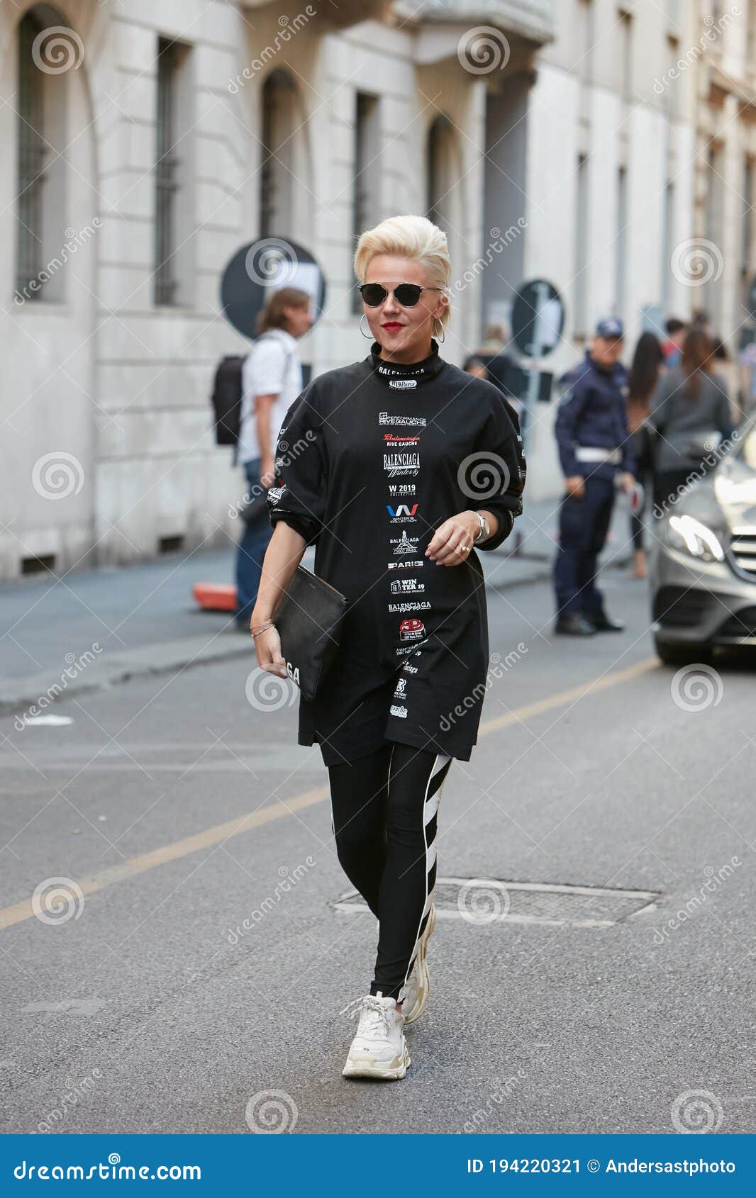 Woman with Balenciaga Shirt and Sunglasses before Giorgio Armani Fashion  Show Milan Fashion Editorial Photo  Image of color black 194220321