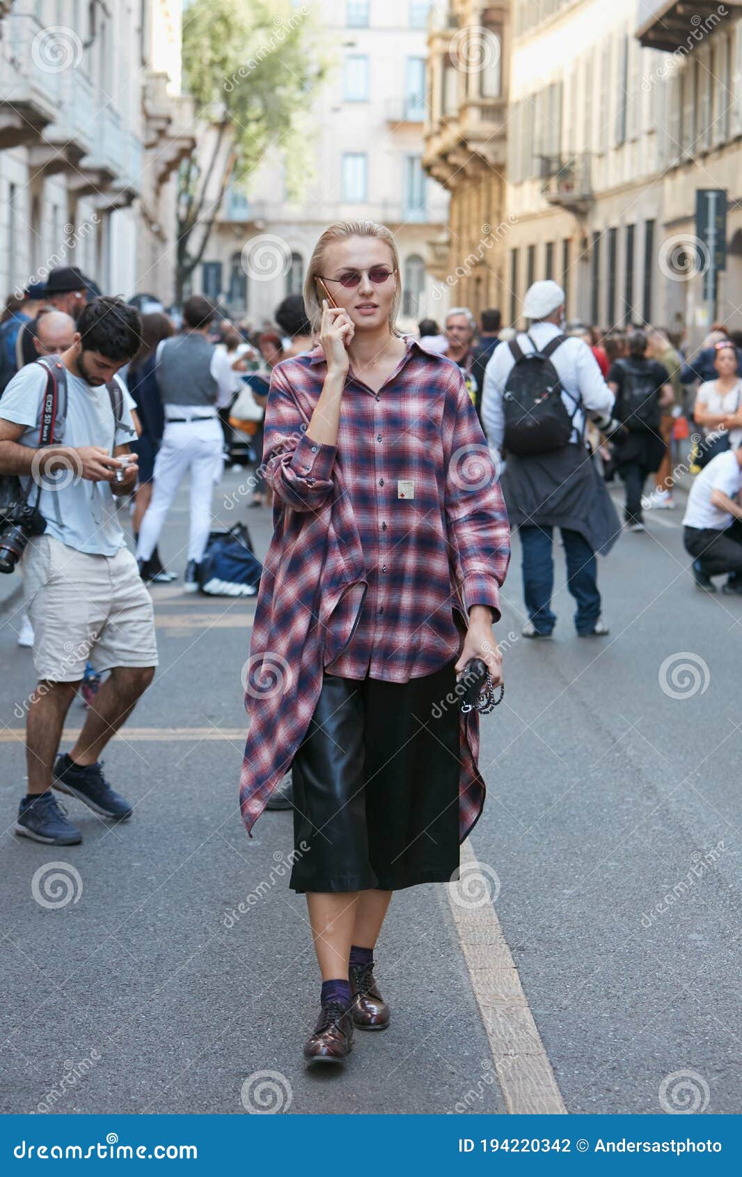 Woman with Checkered Shirt and Black Leather Skirt before Giorgio Armani Fashion Show Milan Editorial Photography Image of leather milan 194220342