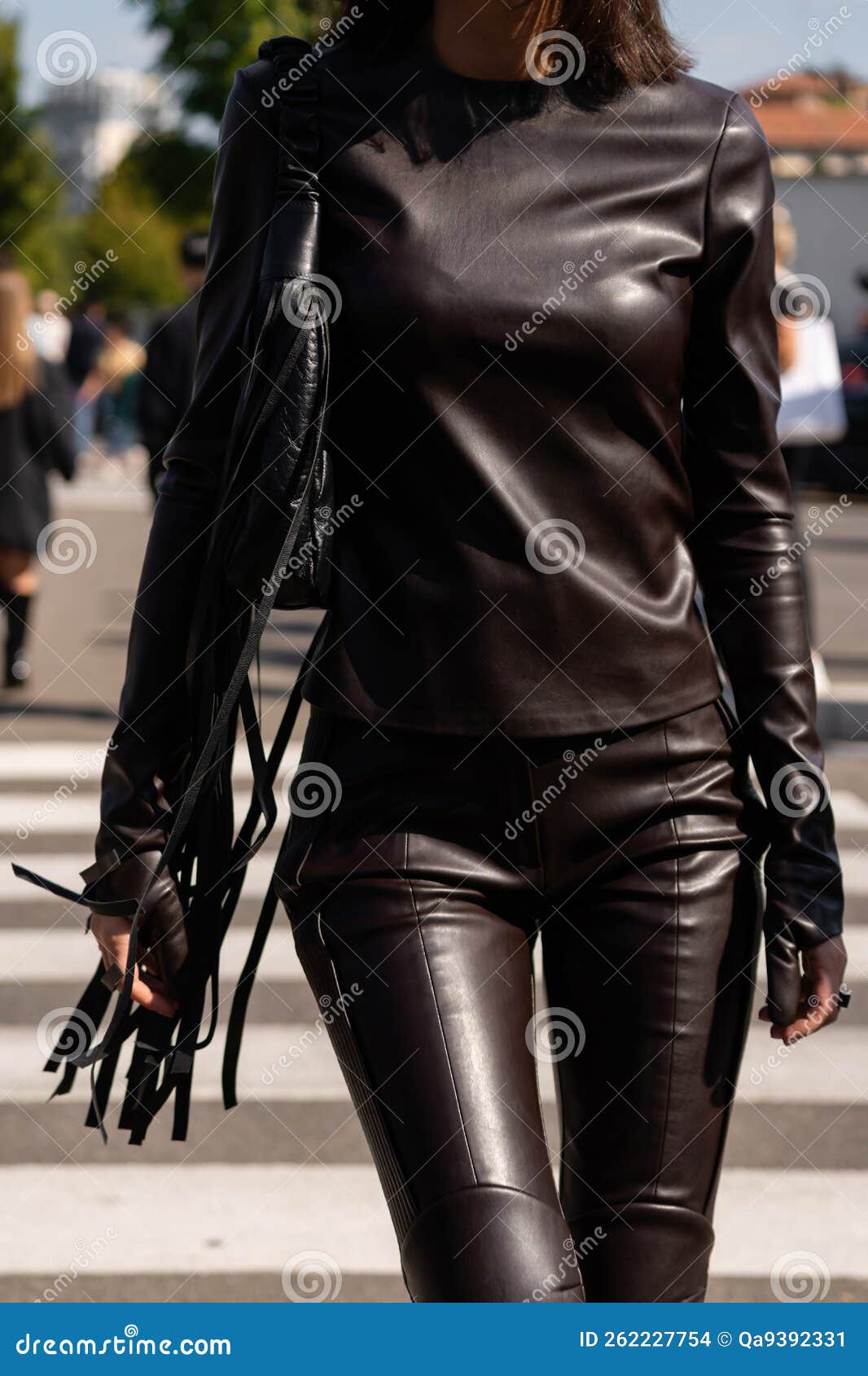 Milan, Italy - September, 22, 2022: Woman Wearing Brown Shiny Leather Long  Sleeves T-shirt, Matching Brown Leather Pants Editorial Stock Image - Image  of moda, accessory: 262227754