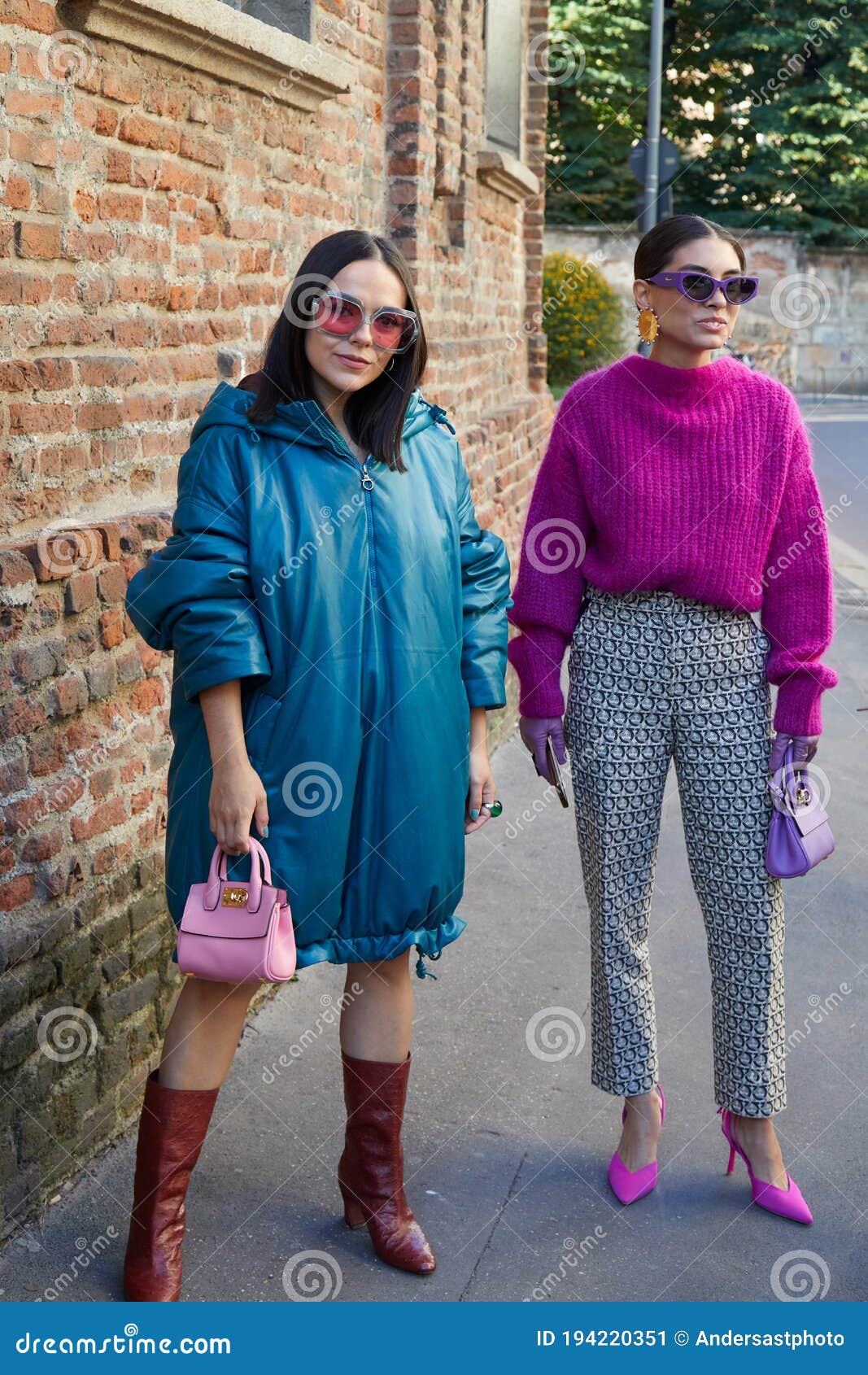 Women With Green Blue Jacket And Pink Sweater Before Salvatore Ferragamo Fashion Show Milan Editorial Photo Image Of Outfit Stylish