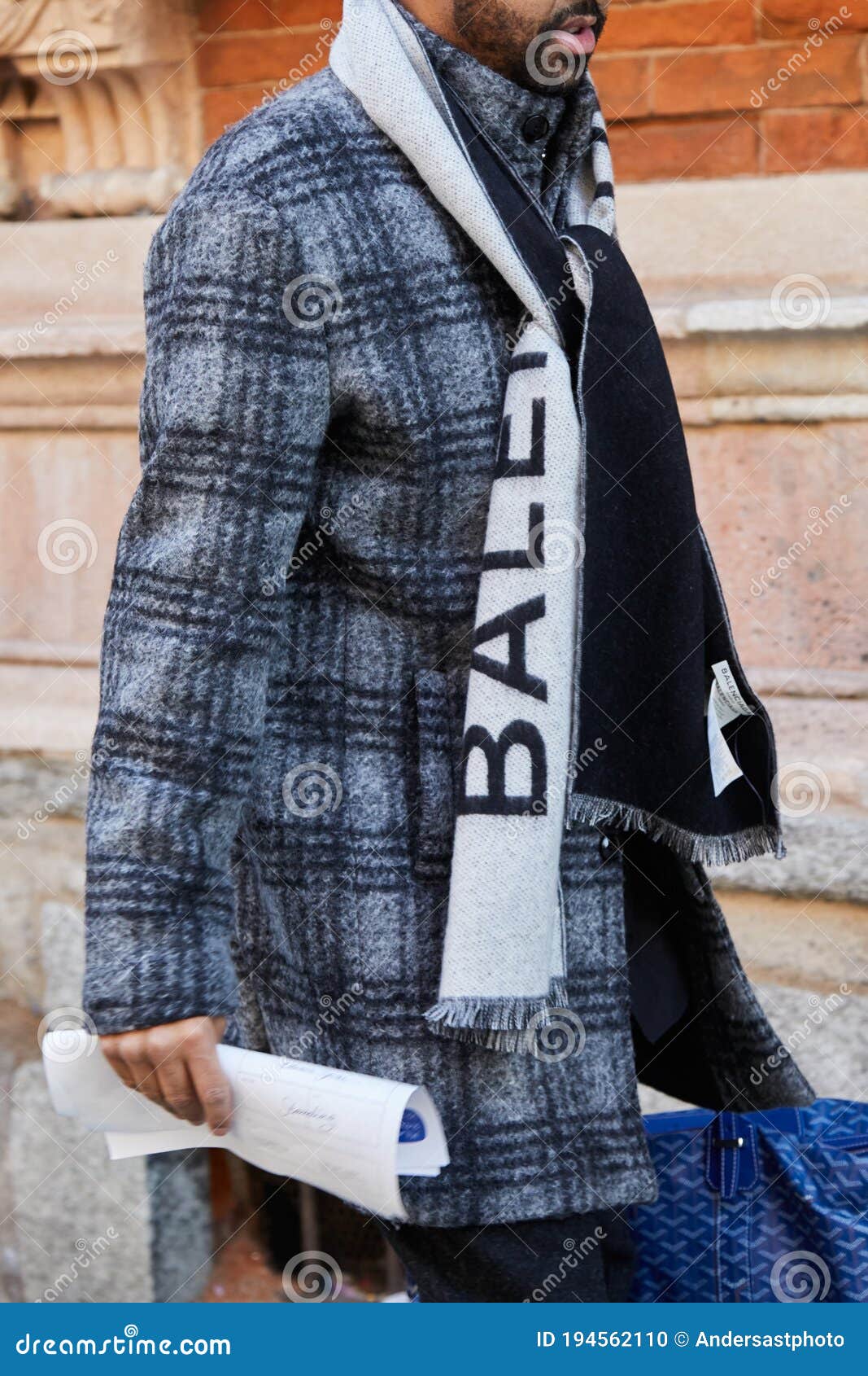 Man with Balenciaga Scarf and Gray Checkered Coat before MSGM Fashion Show,  Milan Fashion Week Street Style on Editorial Image - Image of black, gray:  194562110