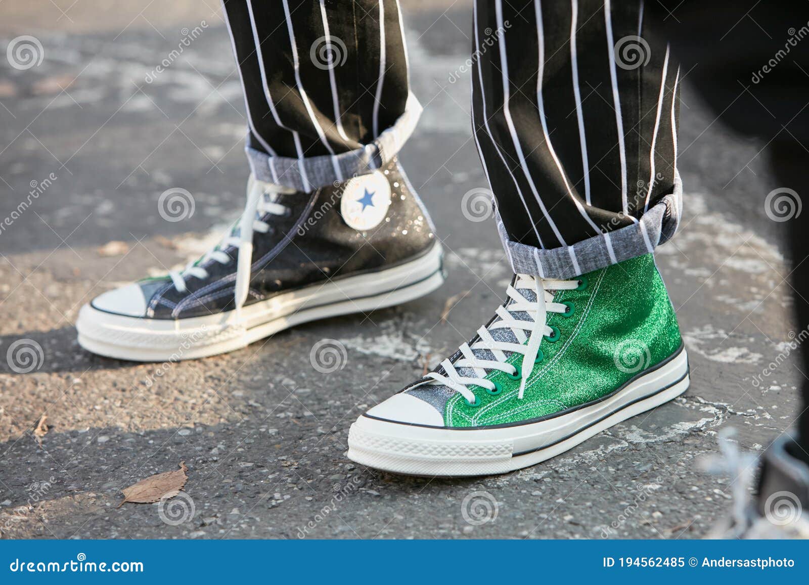 Man with Green Converse All Stars Glitter Sneakers and Black and ...