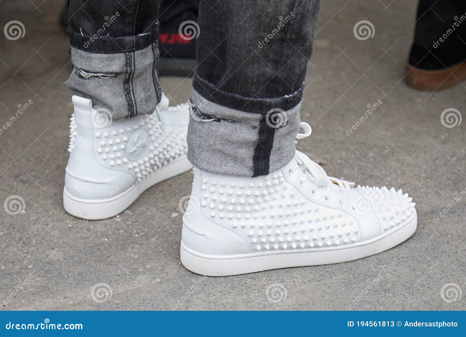 Man with Louboutin White Sneakers Shoes with Studs before Fendi