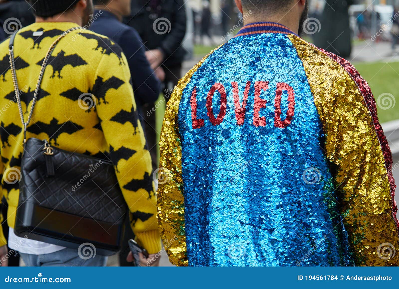 Men with Yellow and Blue Sequin Jacket and Chanel Bag before Giorgio Armani  Fashion Show, Milan Fashion Week Editorial Stock Image - Image of leather,  outfit: 194561784