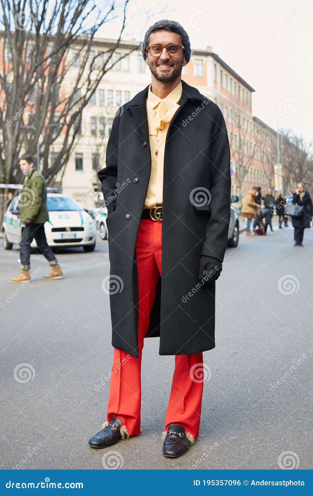 Stylish Man with Red Trousers and Gucci Belt Poses for Photographers before Giorgio Fashion Show on Editorial Photo - Image of giorgio, poses: